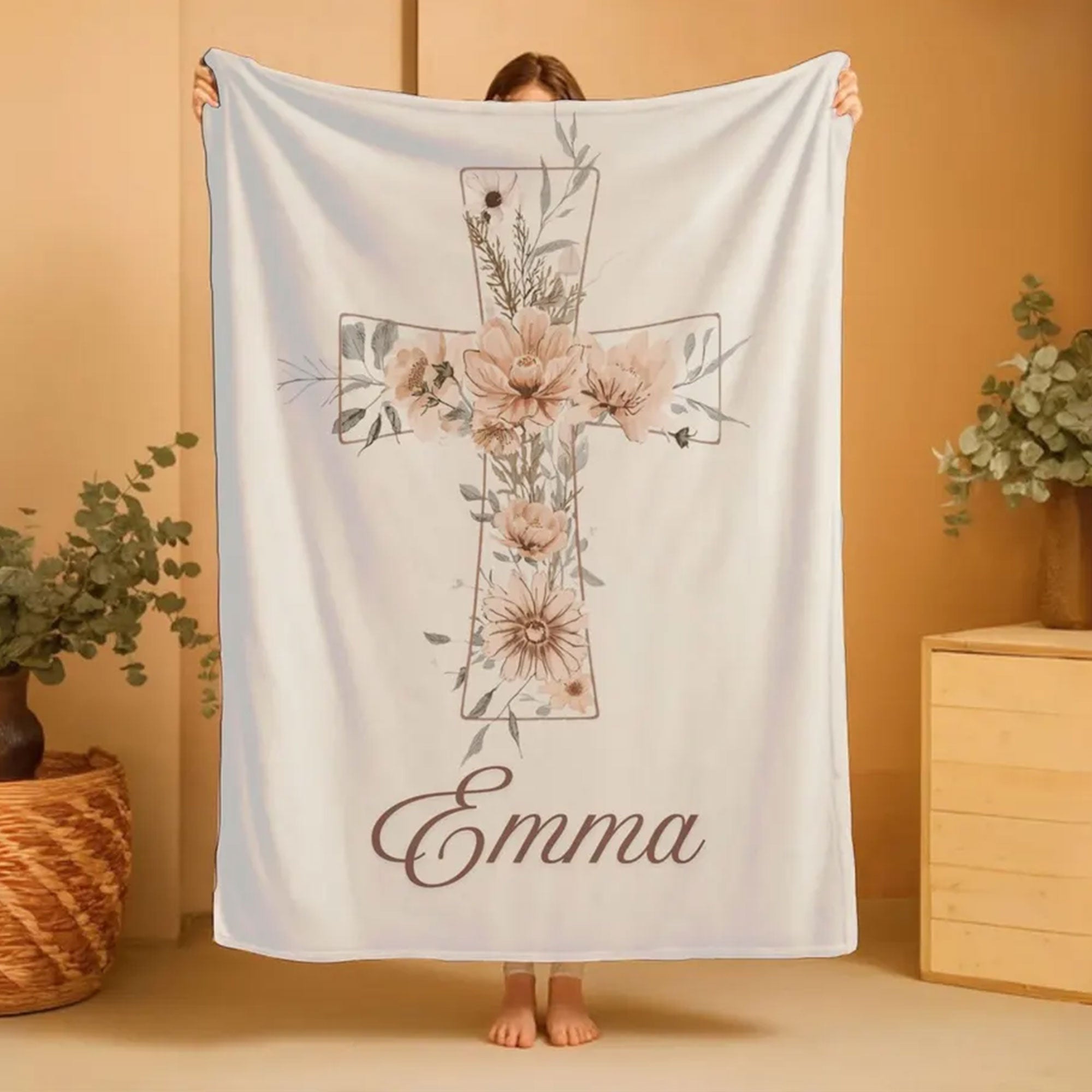 Personalized Floral Cross Fleece Blanket, Christian Baby Girl Throw, Baptism Keepsake, Faith Nursery Decor