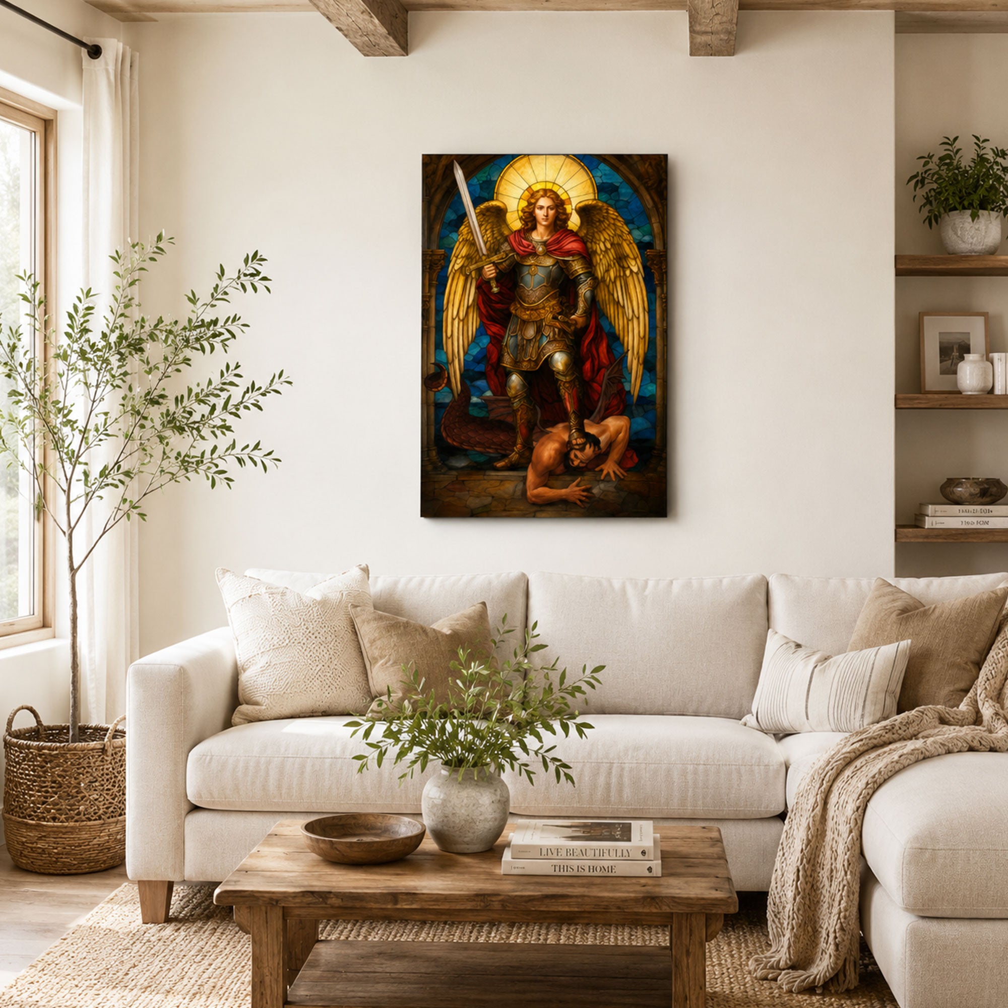 St. Michael the Archangel Canvas Print, Stained Glass Style Catholic Angel Wall Art, Faith Home Decor Gift