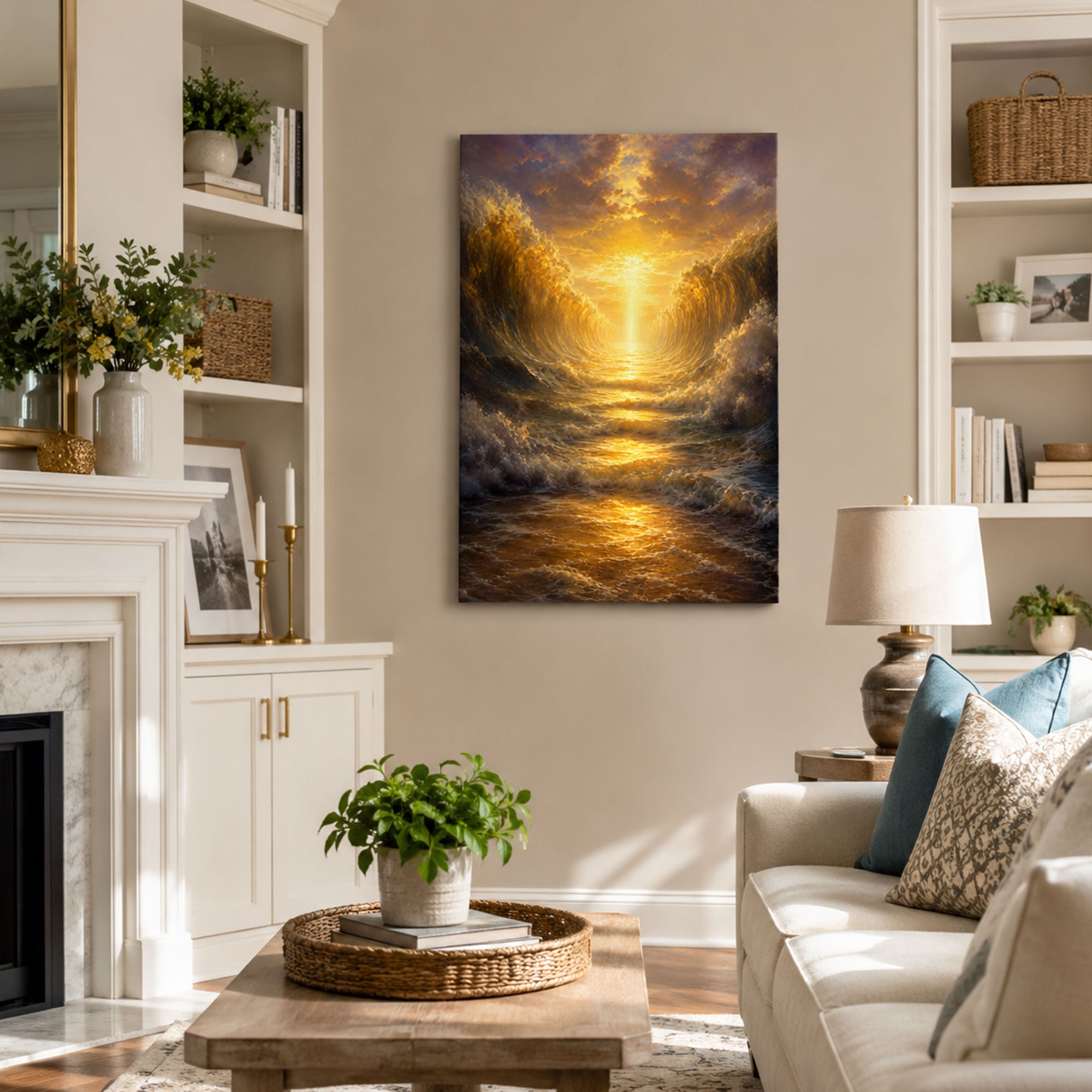 Parting of the Red Sea Canvas Print, Biblical Miracle Wall Art, Golden Light Christian Faith Home Decor Gift