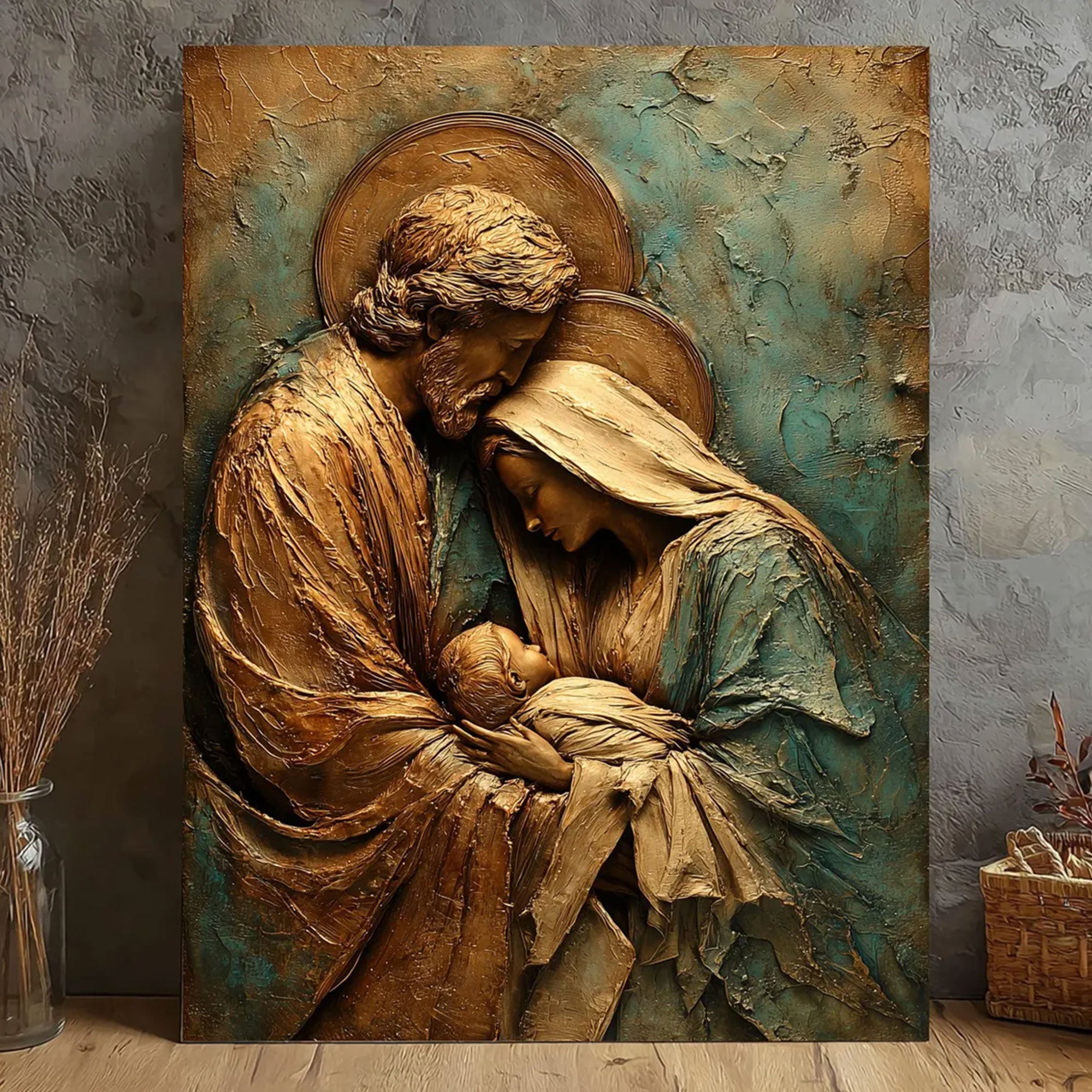 Holy Family Canvas Art, Gold and Teal Religious Wall Decor, Elegant Christian Home Decoration