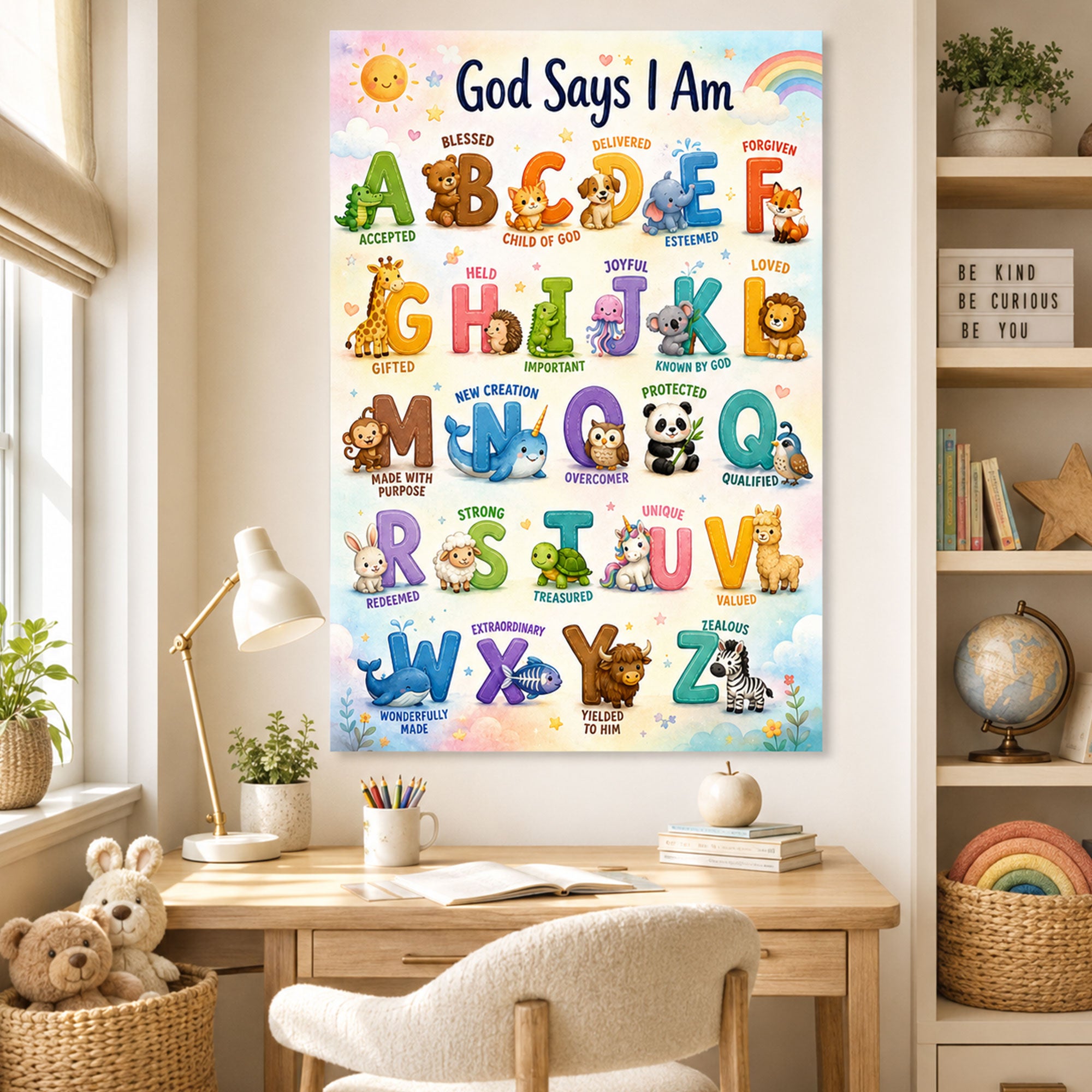 God Says I Am ABC Christian Kids Wall Art Nursery Bible Affirmation Canvas Print