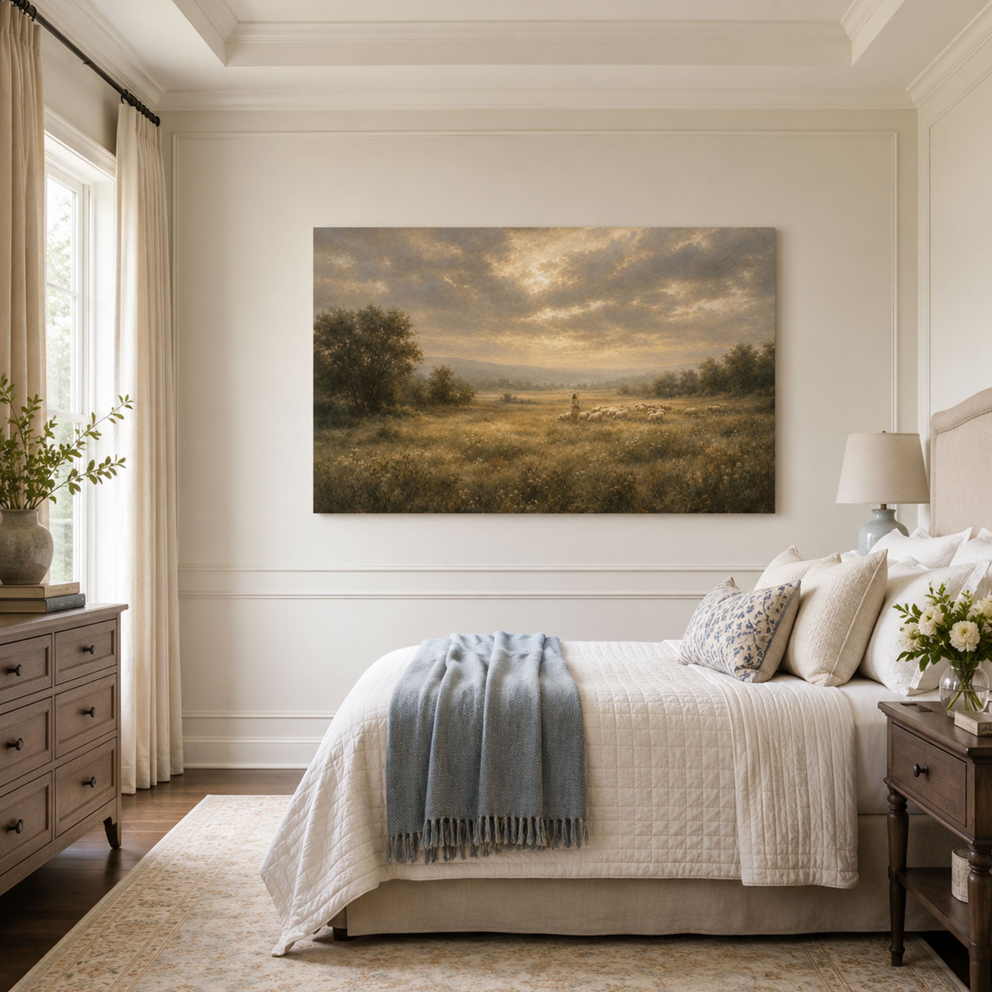 Jesus the Good Shepherd in Meadow Canvas Print, Christian Home Decor