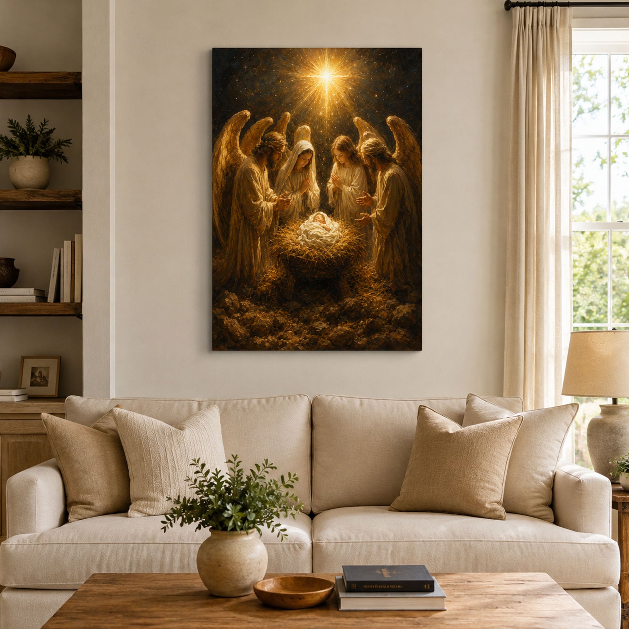 Nativity of Jesus with Angels Canvas Print, Holy Night Christian Wall Decor, Christmas Faith Gift