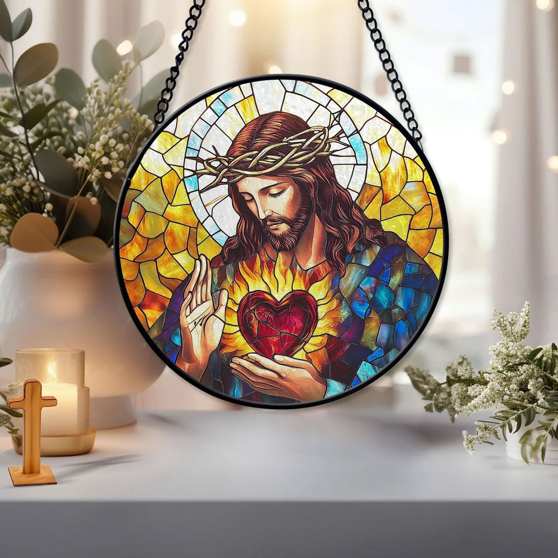 Sacred Heart of Jesus Faux Stained Glass Suncatcher, Christian Window Hanging Decor, Catholic Faith Gift