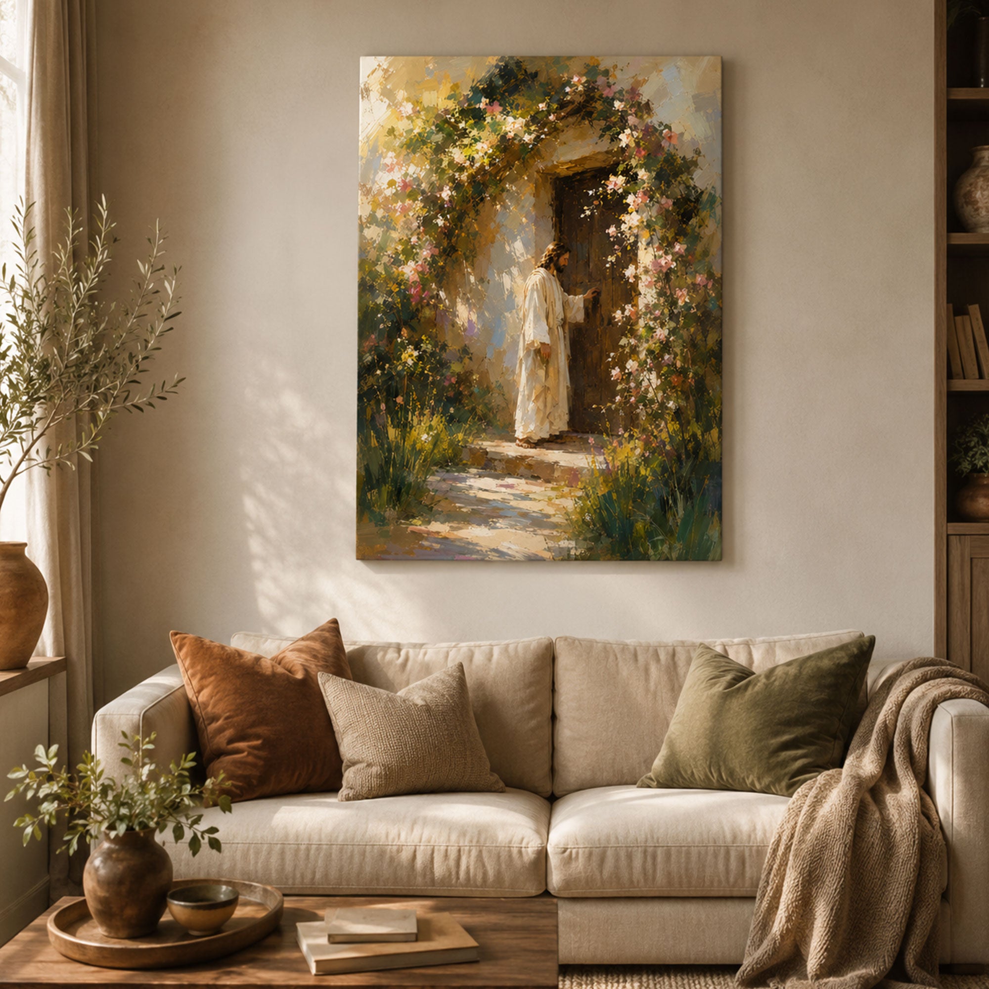 Jesus Knocking at the Door Canvas Print, Floral Christian Wall Art, Faith Home Decor