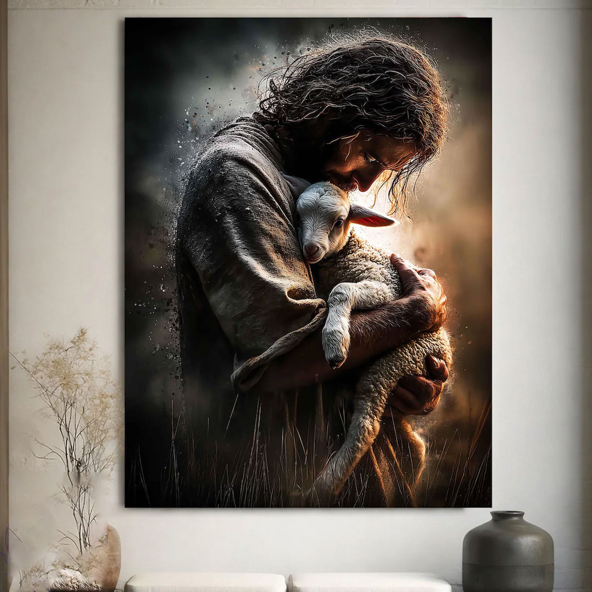 Jesus Holding Lamb Canvas Print, Good Shepherd Christian Wall Art, Religious Home Decor