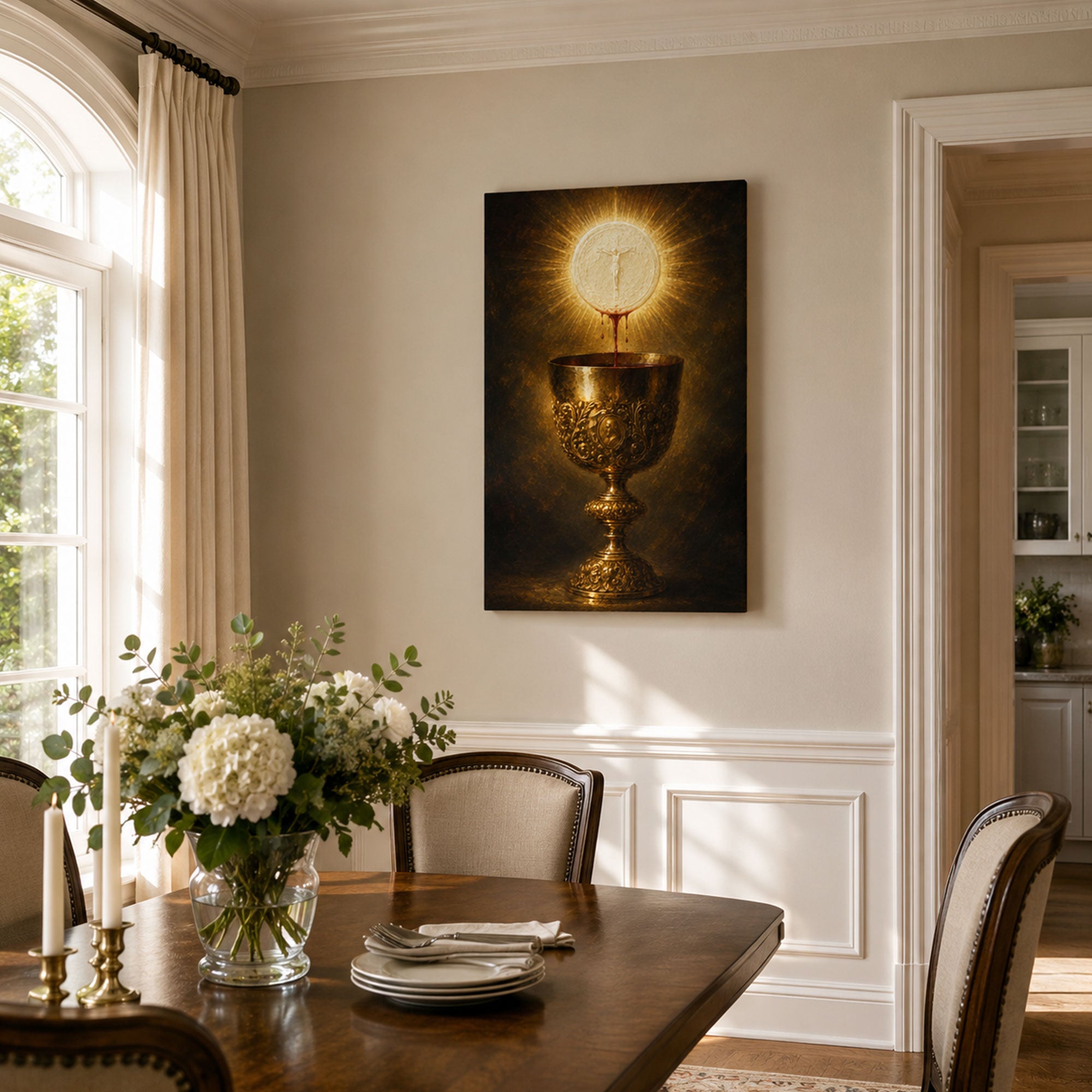 Holy Eucharist and Precious Blood Canvas Print, Catholic Chalice and Sacred Host Wall Art, First Communion Faith Home Decor Gift