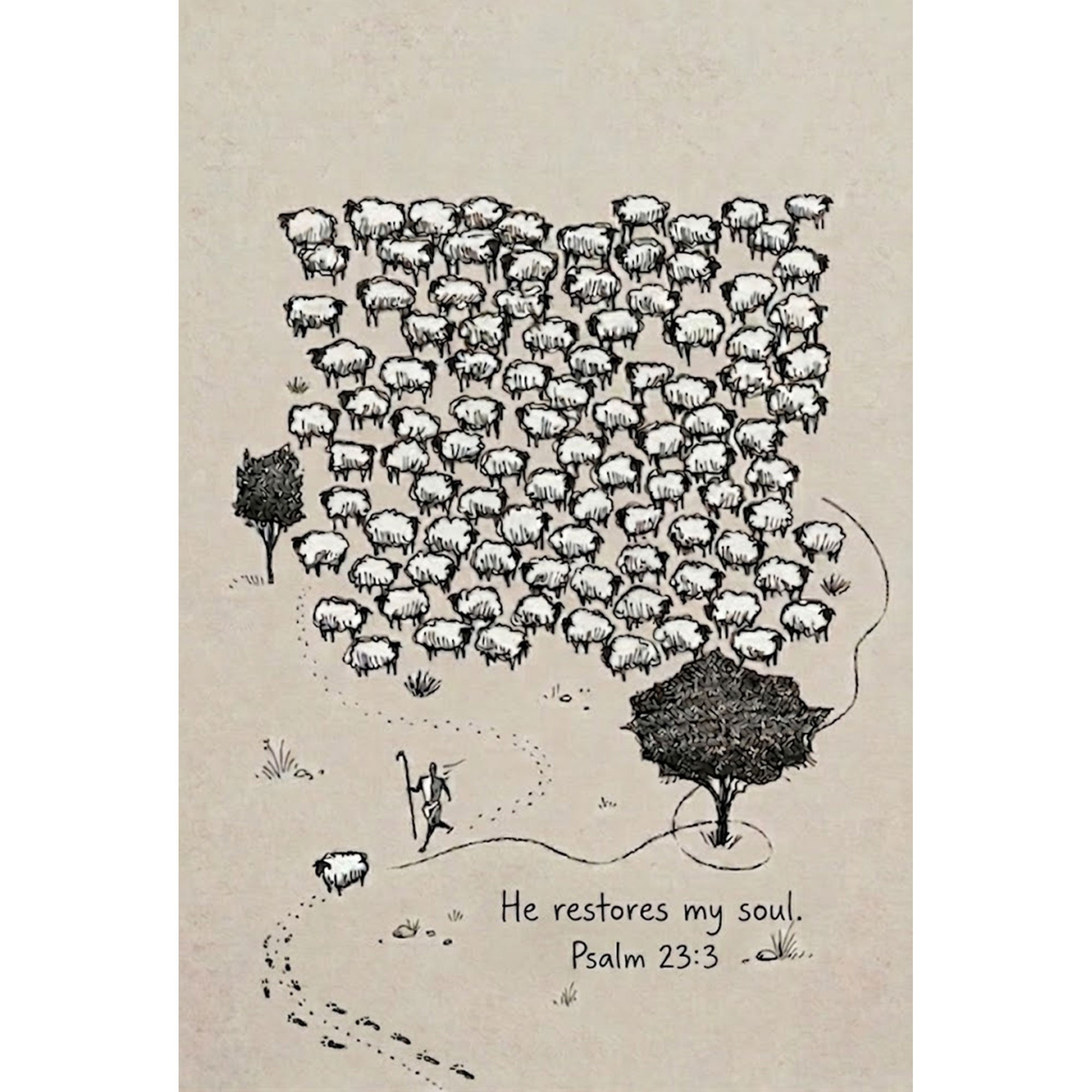 Psalm 23:3 Shepherd Canvas Print, He Restores My Soul Wall Art, Christian Sheep Illustration, Minimal Faith Decor