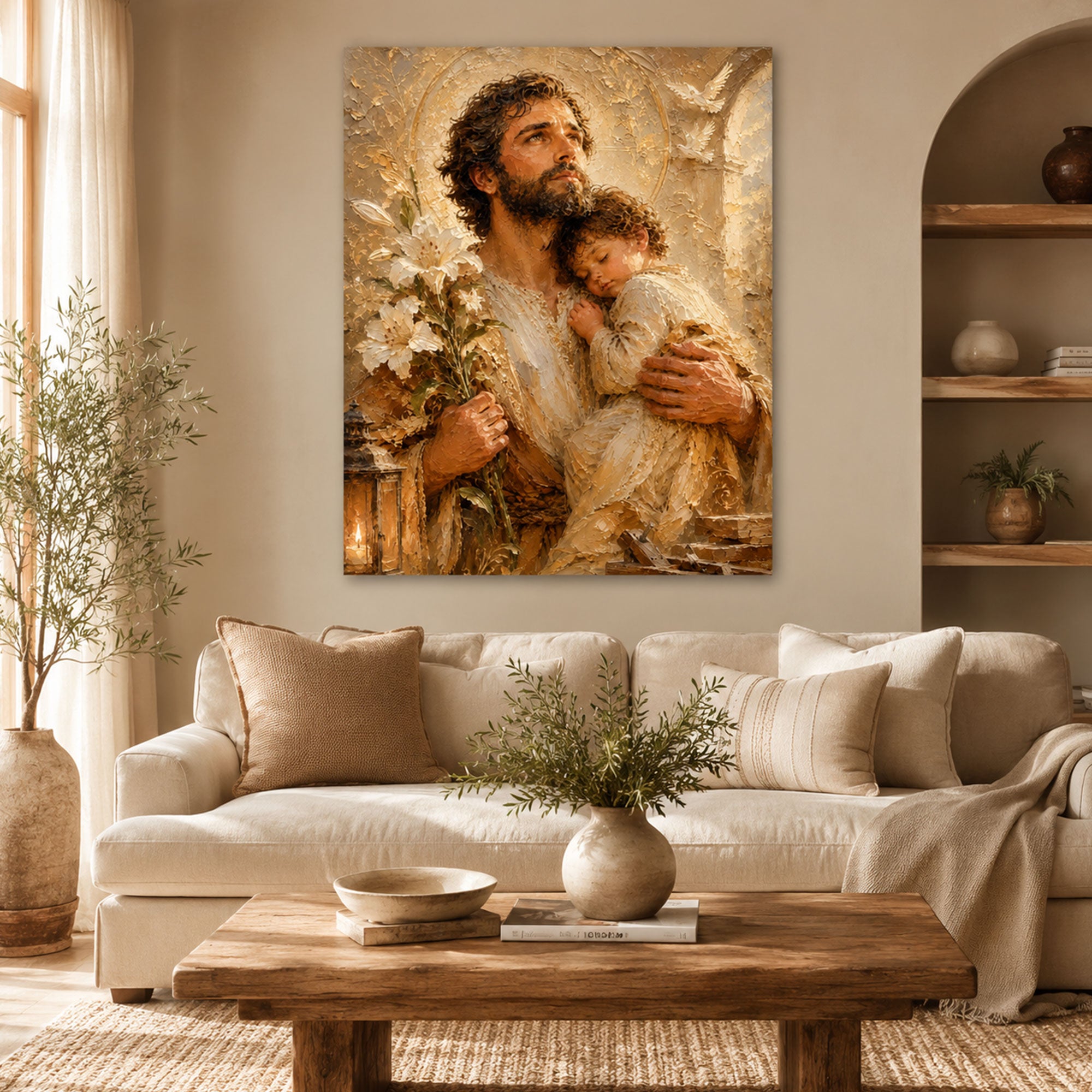 Saint Joseph and Baby Jesus Canvas Print, Catholic Wall Art, Christian Home Decor