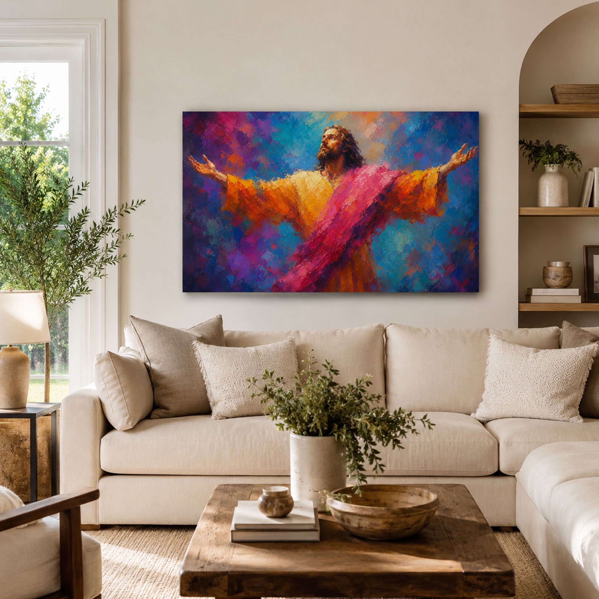 Jesus Open Arms Canvas Print, Come to Me Christian Wall Decor, Colorful Faith Gift