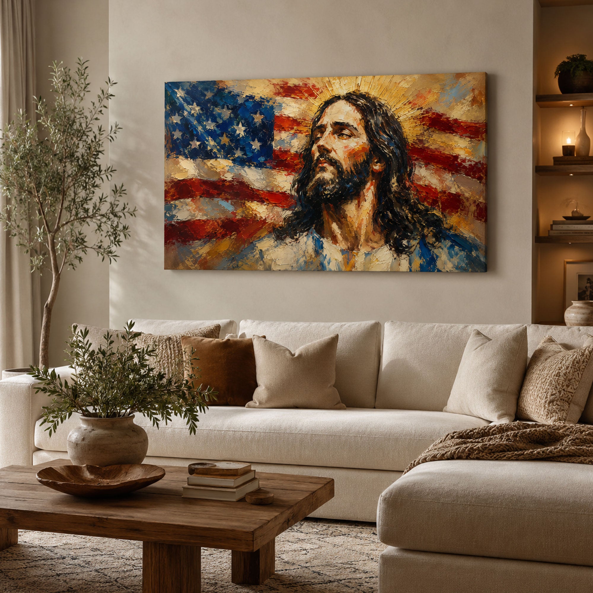 Jesus with American Flag Canvas Print, Patriotic Christian Wall Art, Faith and Freedom Home Decor