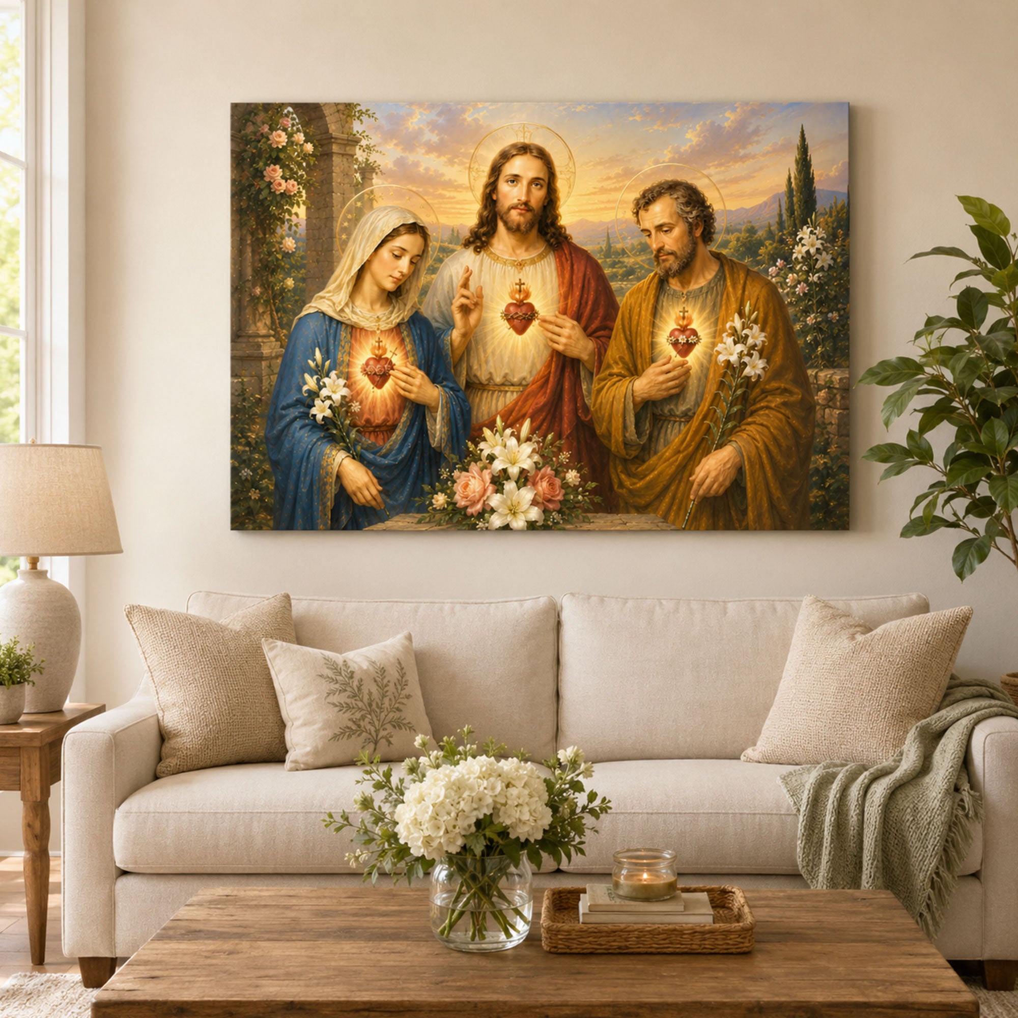 Holy Family Sacred Hearts Canvas Print, Jesus Mary and Joseph Christian Wall Art, Catholic Religious Home Decor