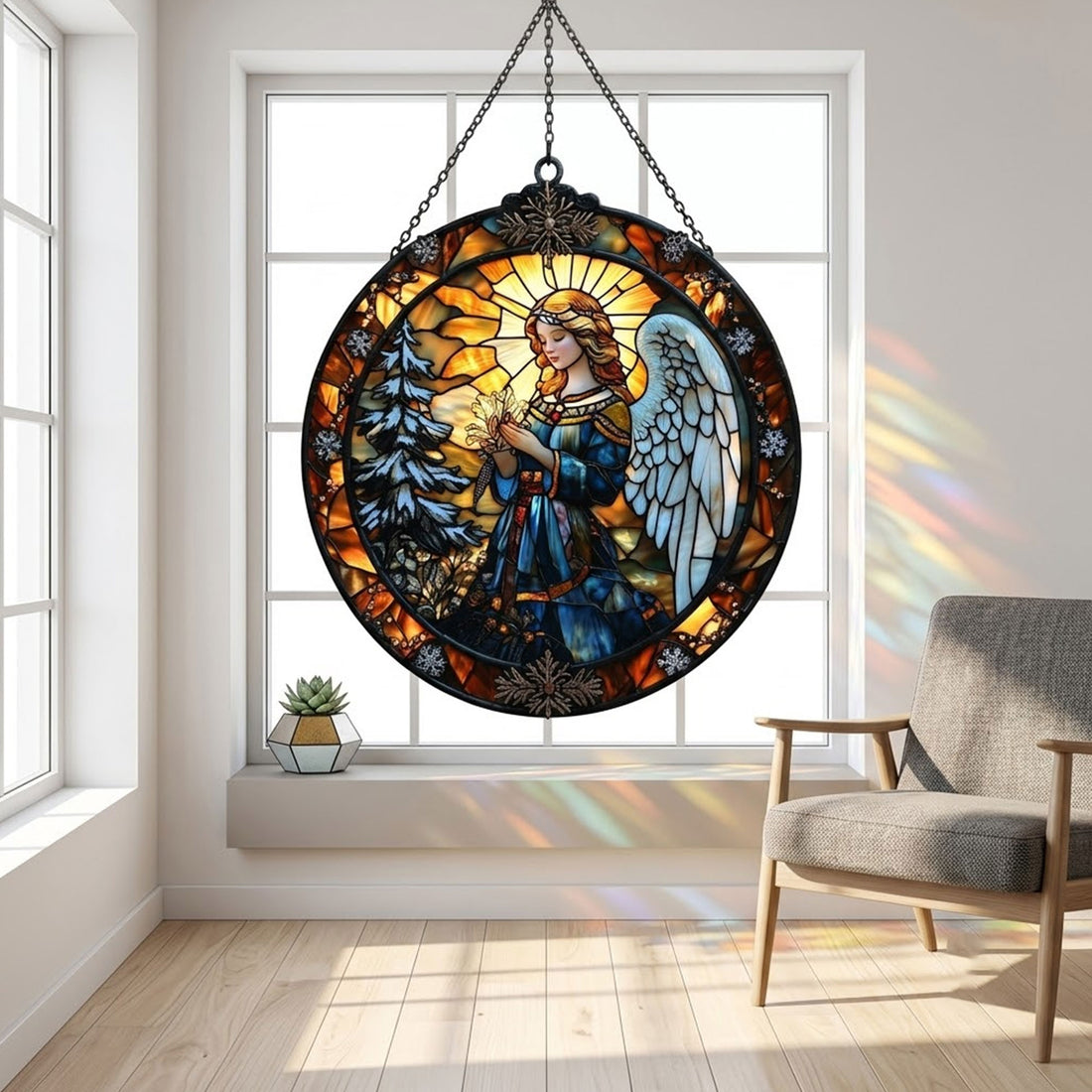 Winter Angel Suncatcher, Stained Glass Window Hanging, Catholic Christmas Decor Gift