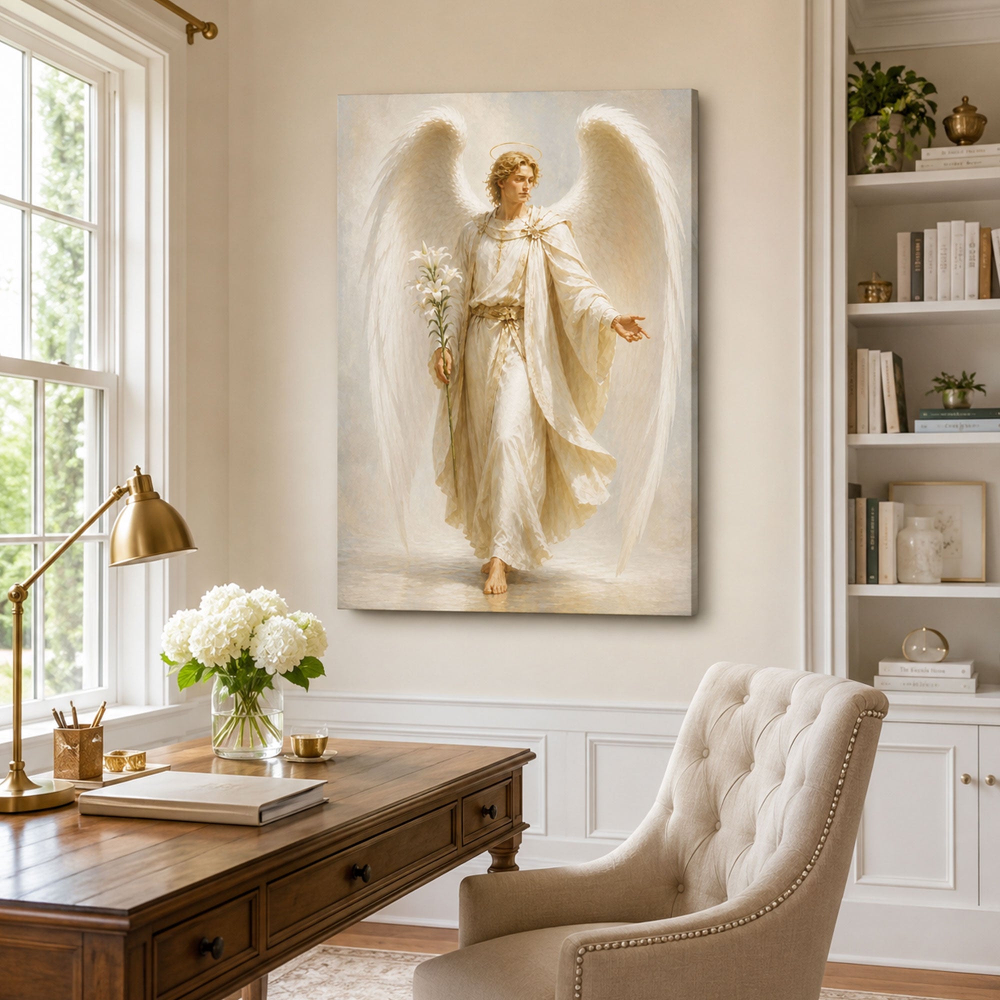 Archangel Gabriel with Lily Canvas Print, Catholic Messenger Angel Wall Art, White and Gold Faith Home Decor Gift