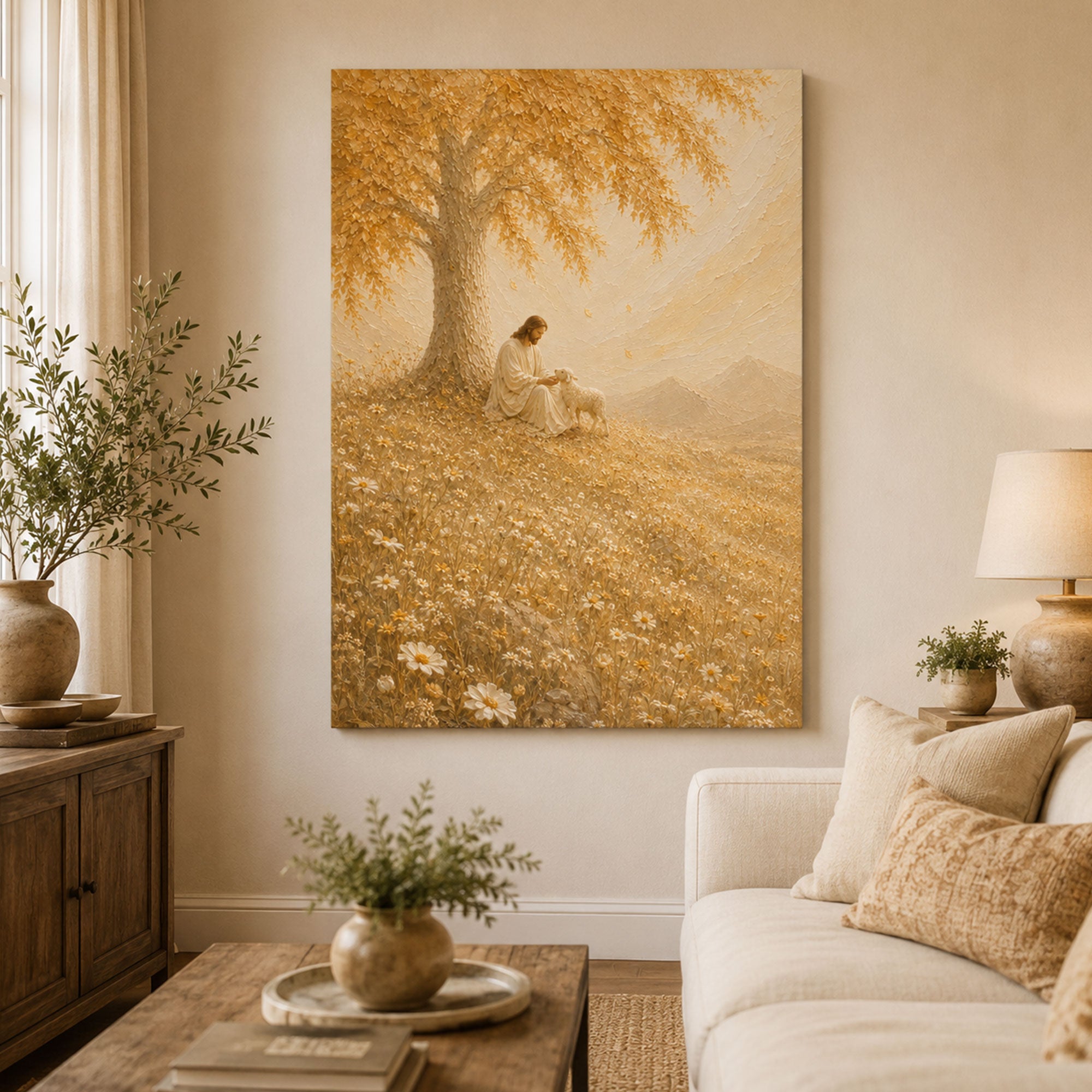 Good Shepherd Jesus with Lamb Canvas Print, Golden Meadow Christian Wall Art, Peaceful Faith Home Decor