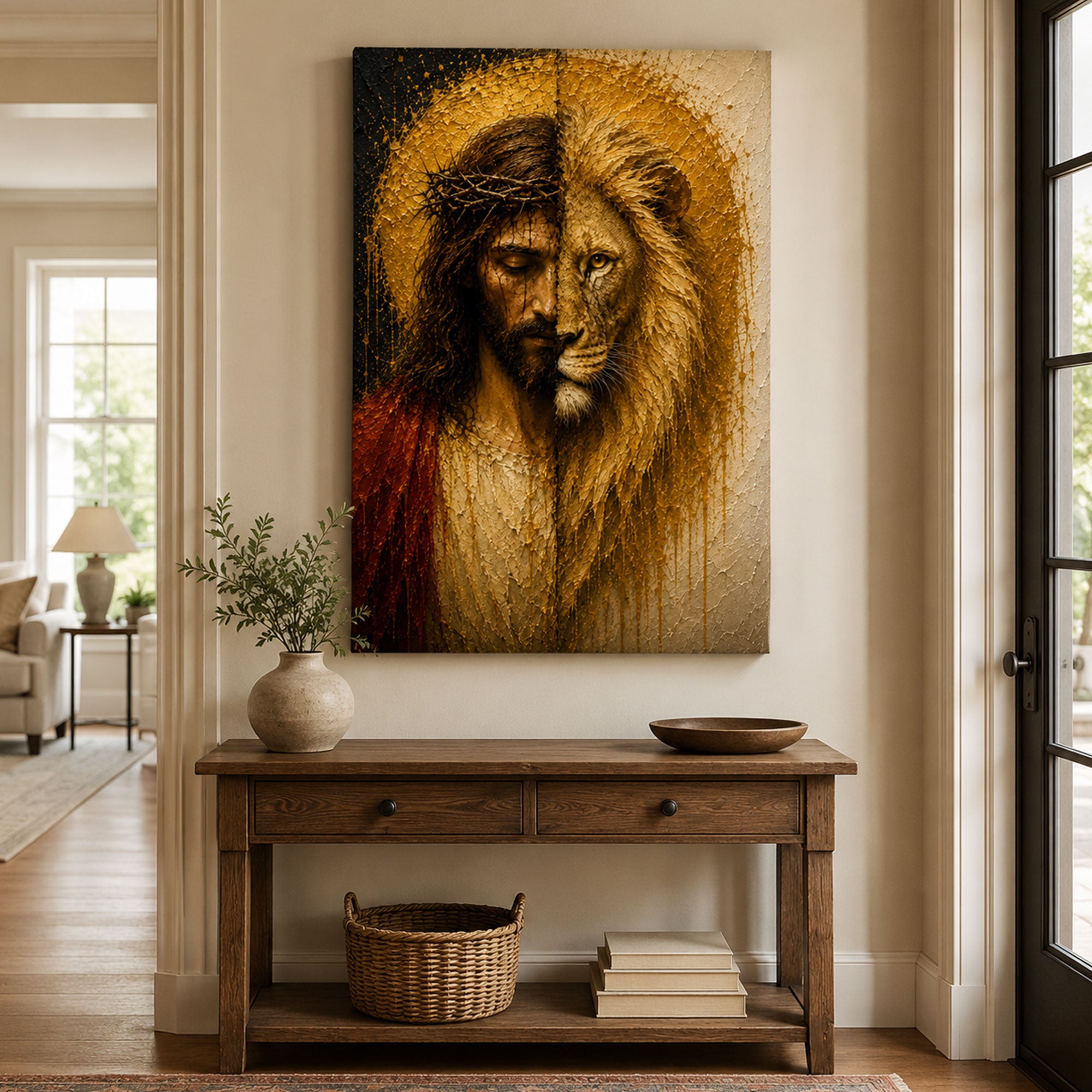 Lion of Judah Jesus Canvas Print, Crown of Thorns Christian Wall Art, Gold Faith Home Decor Gift