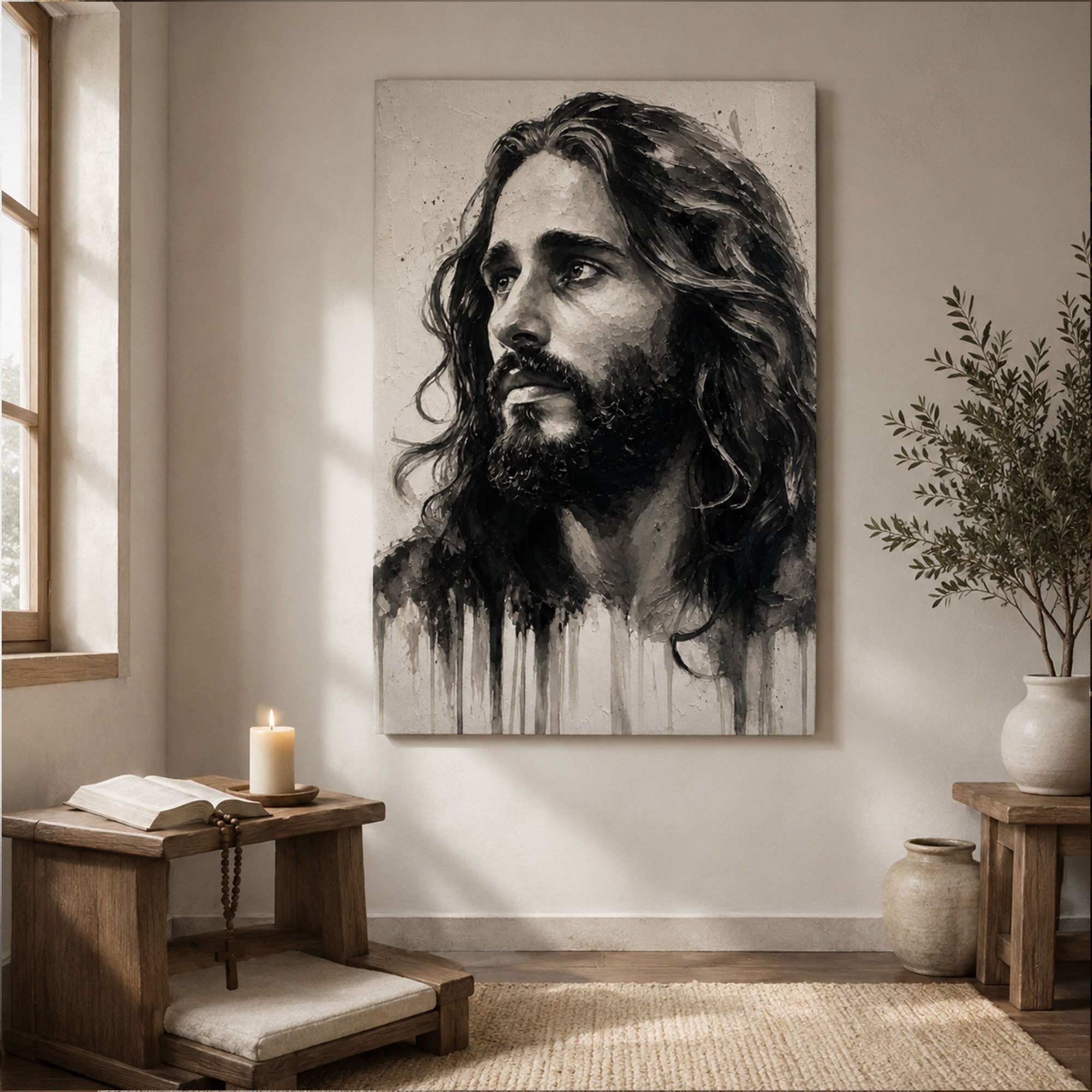 Jesus Portrait Canvas Print, Black and White Christian Wall Art, Faith Home Decor