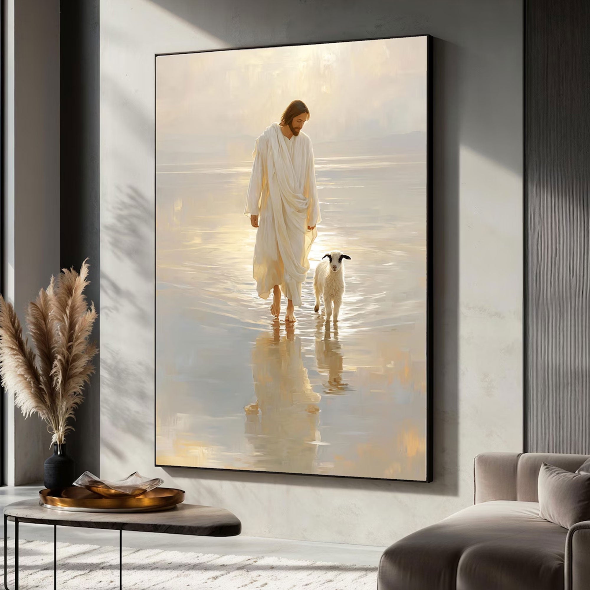Jesus Walking with Lamb Canvas Print, Peaceful Christian Wall Art, Spiritual Faith Home Decor