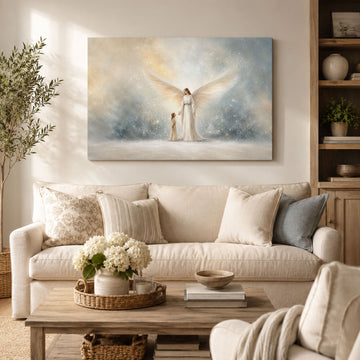 Guardian Angel with Child Panoramic Canvas Print, Christian Angel Wall Art, Faith Home Decor Gift