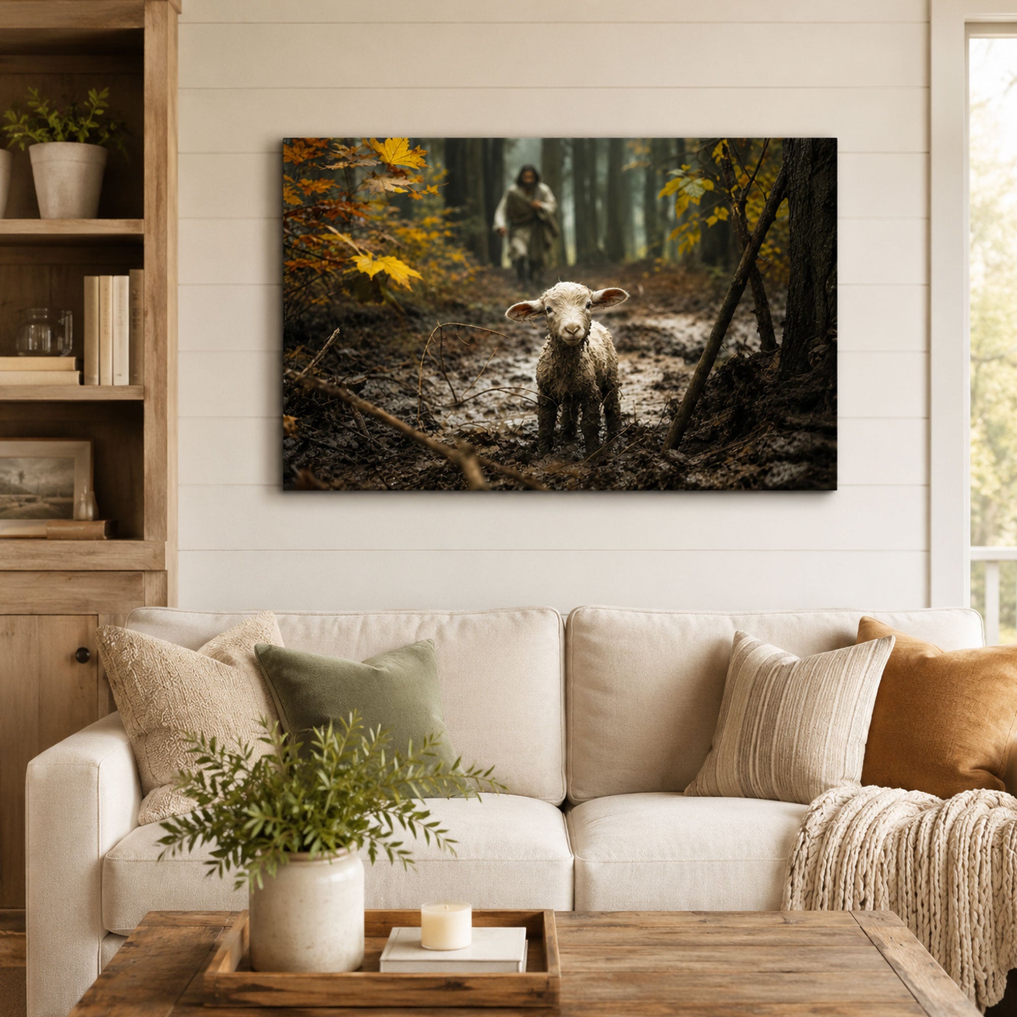 Lost Lamb Good Shepherd Canvas Print, Jesus Seeking the Lost Sheep Christian Wall Art, Faith Home Decor Gift