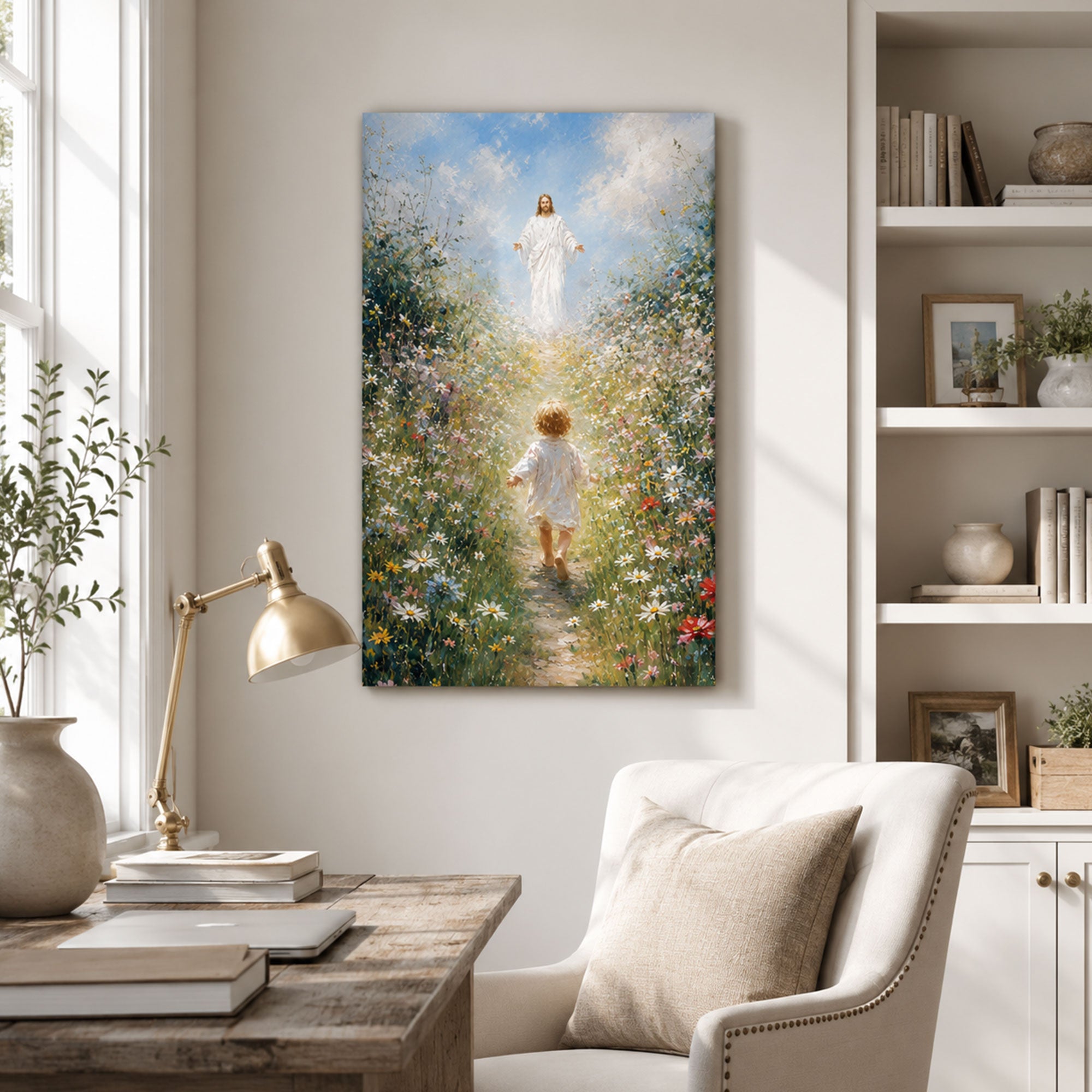 Jesus Welcoming Child Canvas Print, Christian Flower Field Wall Art, Peaceful Faith Home Decor Gift