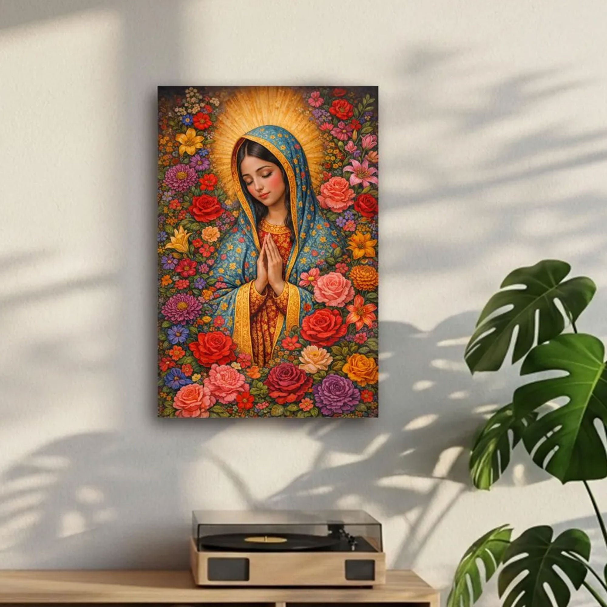 Virgin Mary Floral Canvas Print, Catholic Christian Wall Art, Blessed Mother Flower Painting, Framed Religious Home Decor, Inspirational Faith Gift