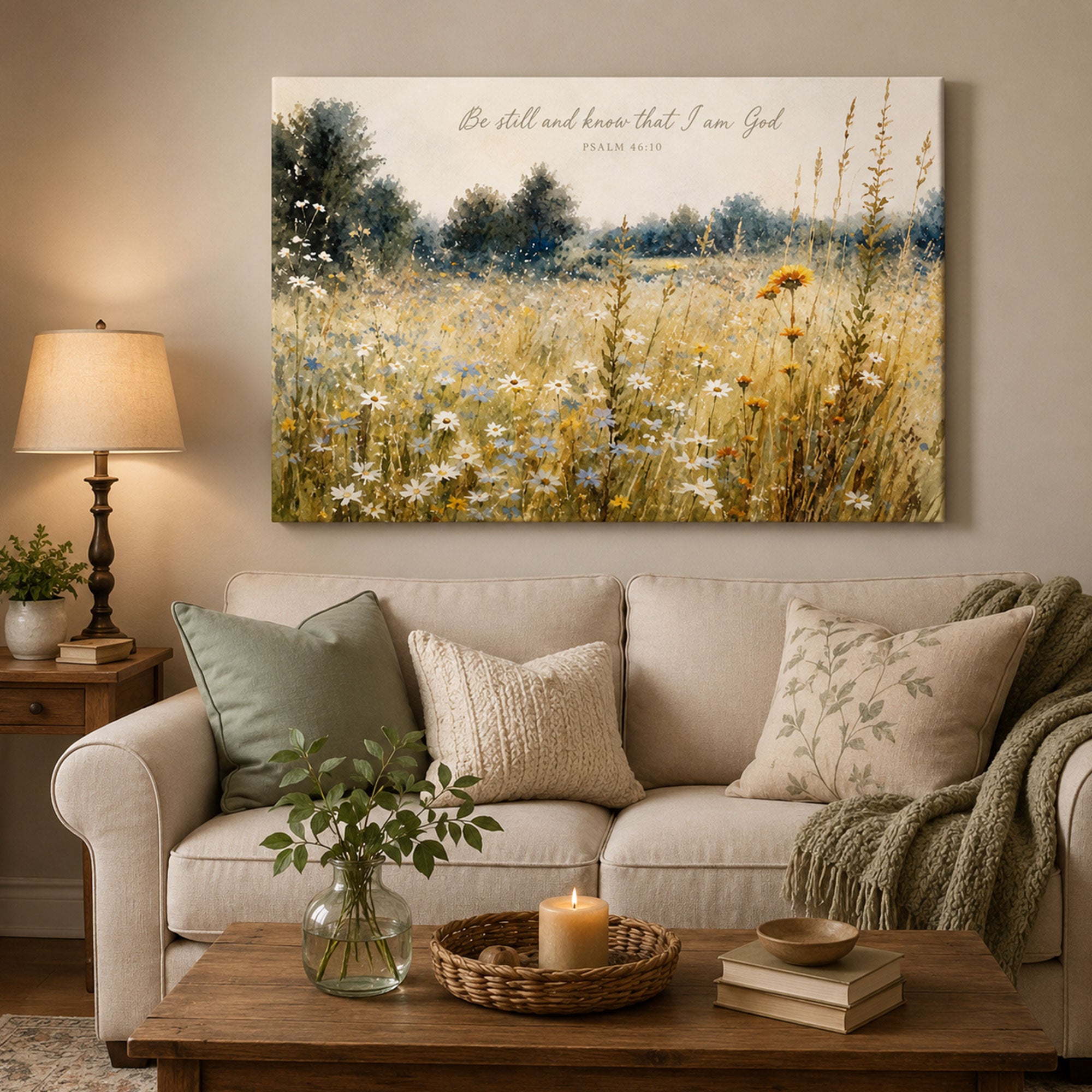 Be Still Psalm 46:10 Canvas Print, Wildflower Christian Scripture Wall Art, Peaceful Faith Home Decor