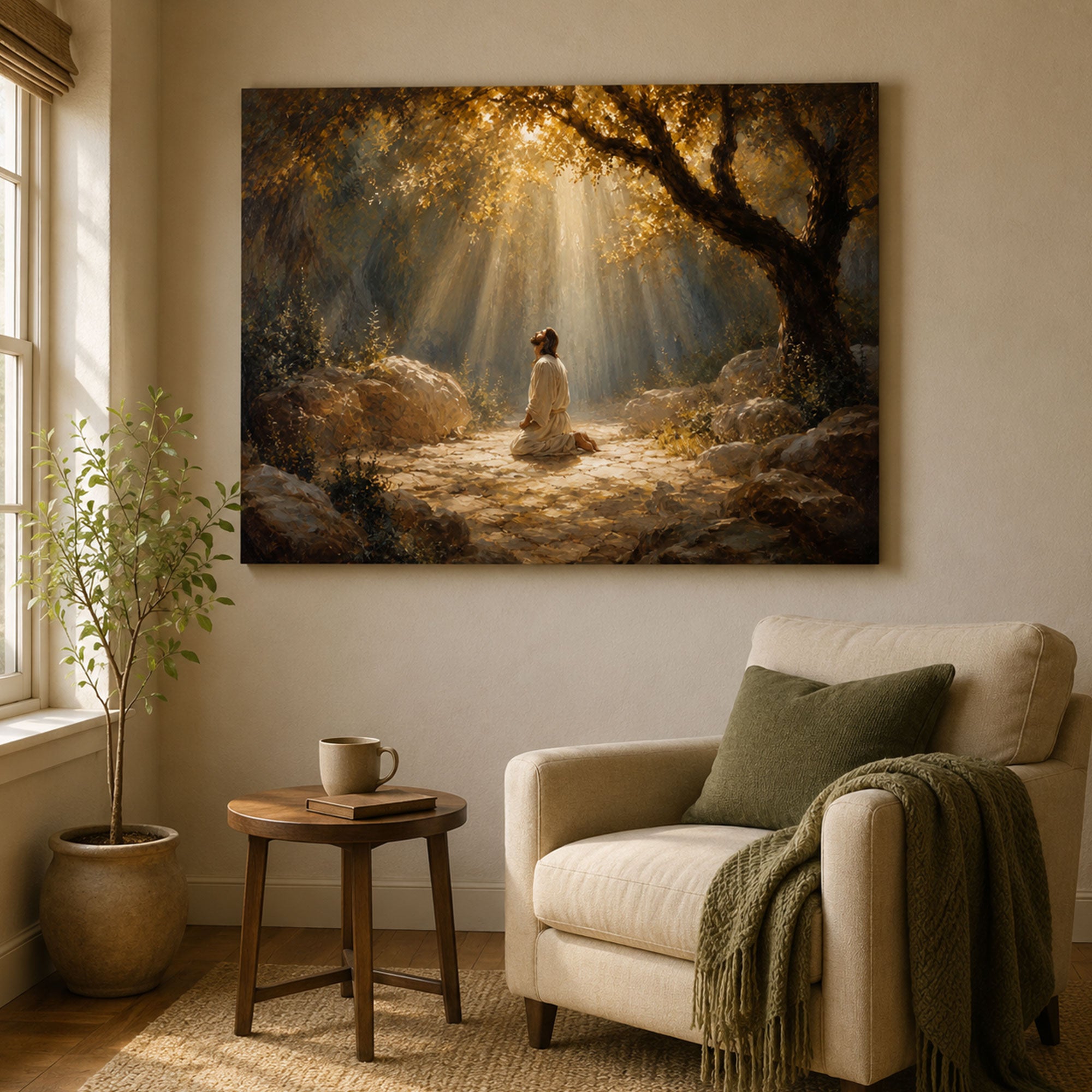 Jesus Praying in Gethsemane Canvas Print, Christian Wall Art, Divine Light Faith Home Decor