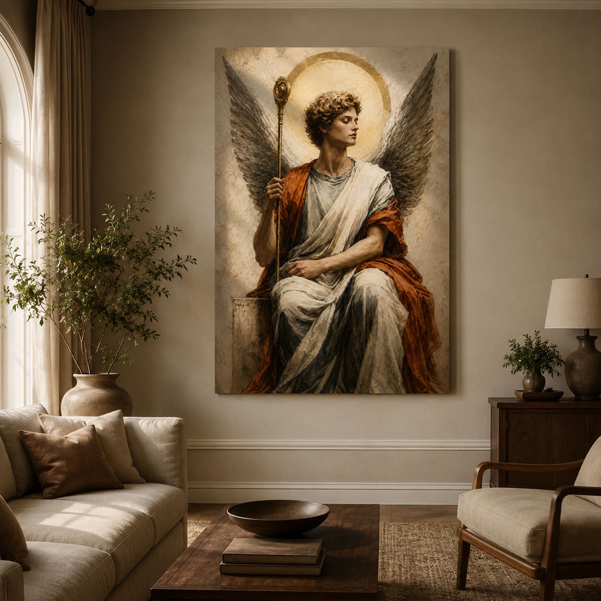 Seated Archangel Canvas Print, Guardian Angel Christian Wall Art, Catholic Faith Home Decor