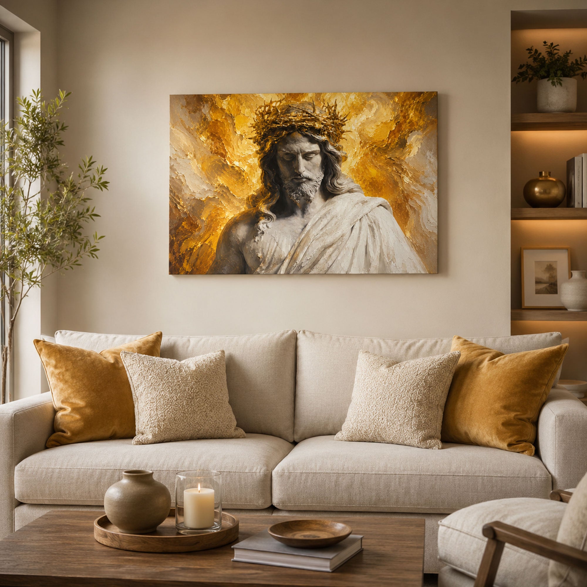 Jesus Crown of Thorns Panoramic Canvas Print, White Gold Catholic Wall Art, Passion of Christ Home Decor Gift