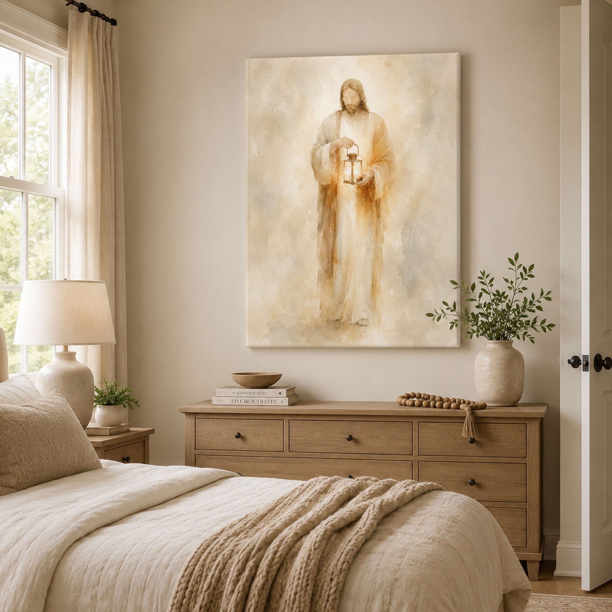 Light of the World Jesus Canvas Print, Soft Neutral Christian Wall Art, Faith Home Decor Gift