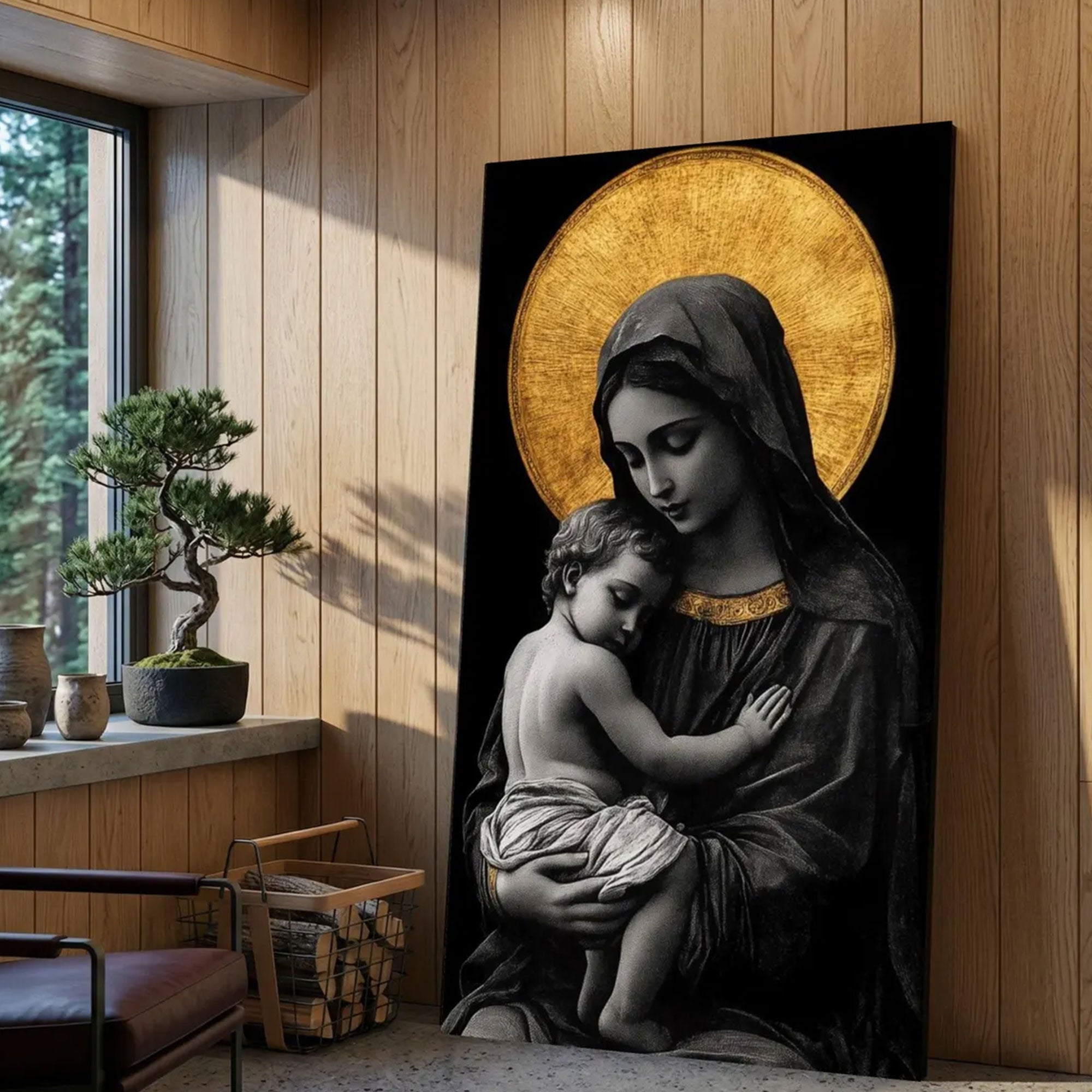 Madonna and Child Black Gold Canvas Wall Art, Virgin Mary Baby Jesus, Catholic Religious Decor