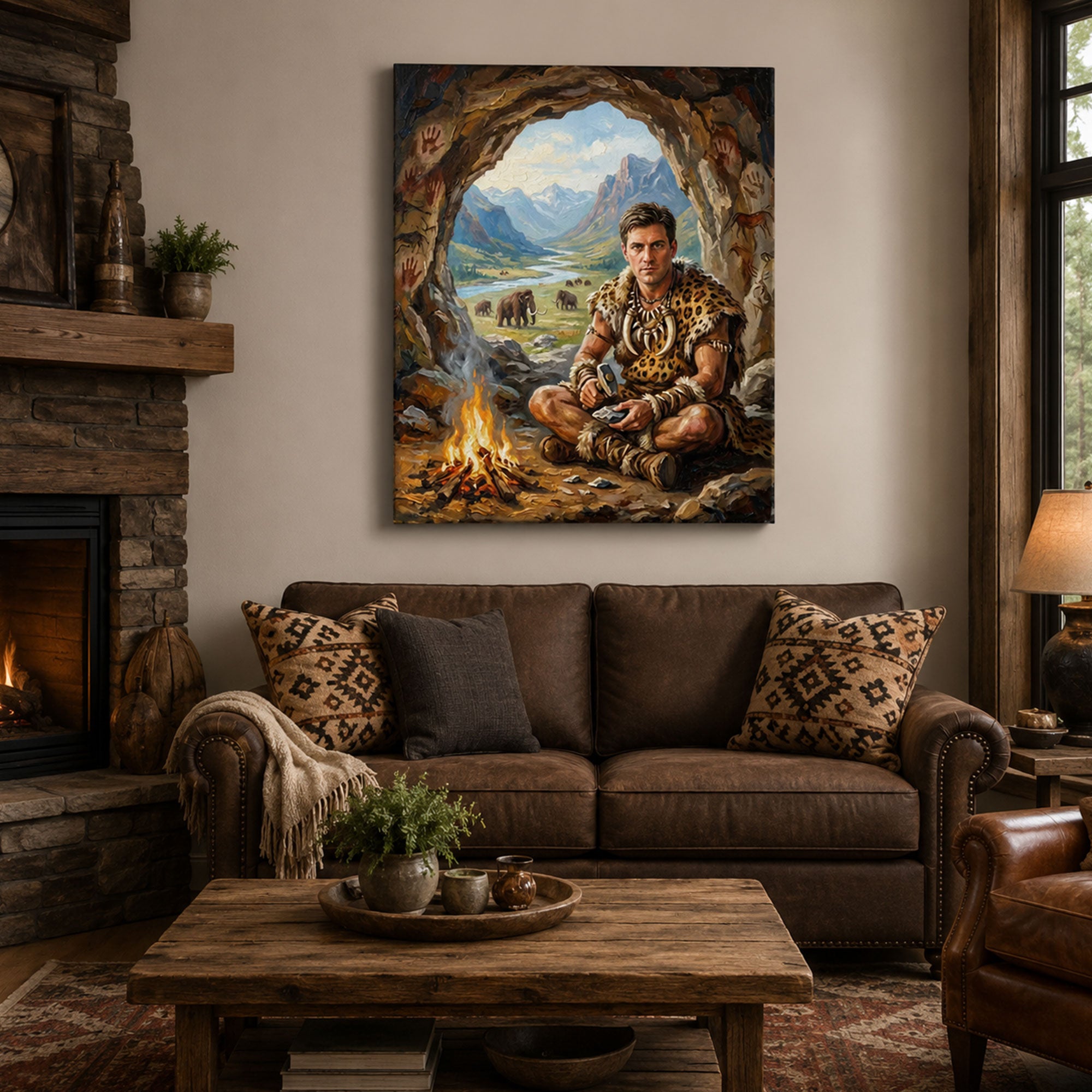 Custom Face For Dad Caveman Canvas, Personalized Prehistoric Portrait, Funny Father’s Day Gift