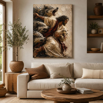 Jesus Protecting the Lamb Canvas Print, Good Shepherd Christian Wall Art, Faith Home Decor