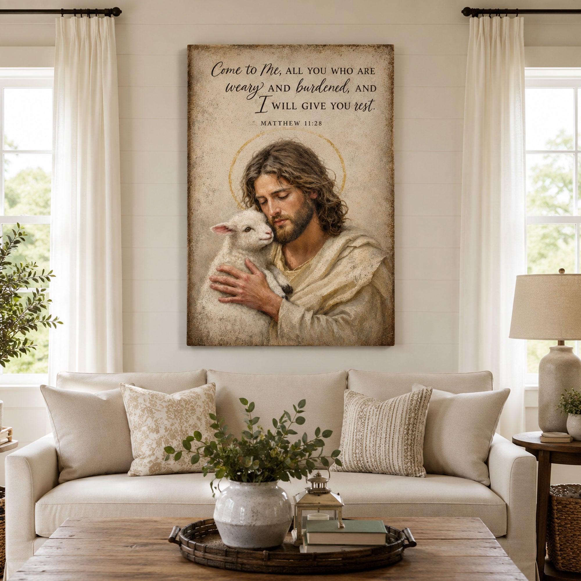 Matthew 11:28 Jesus and Lamb Canvas Print, Christian Home Decor
