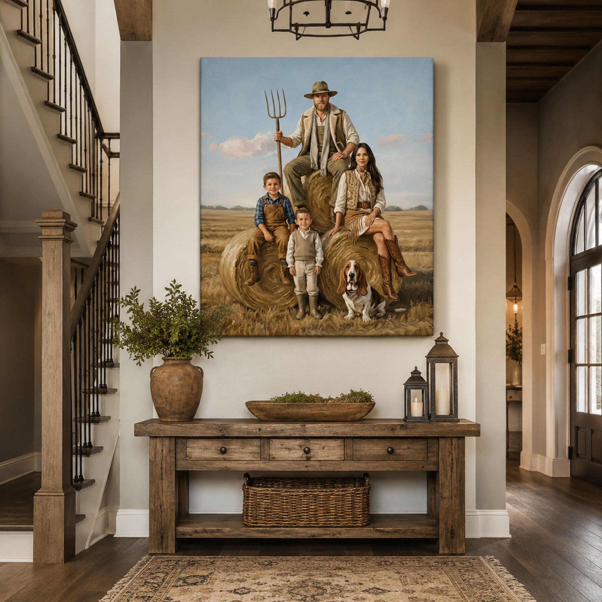Custom Face For Dad Harvest Family Canvas, Personalized Father and Kids Portrait Gift