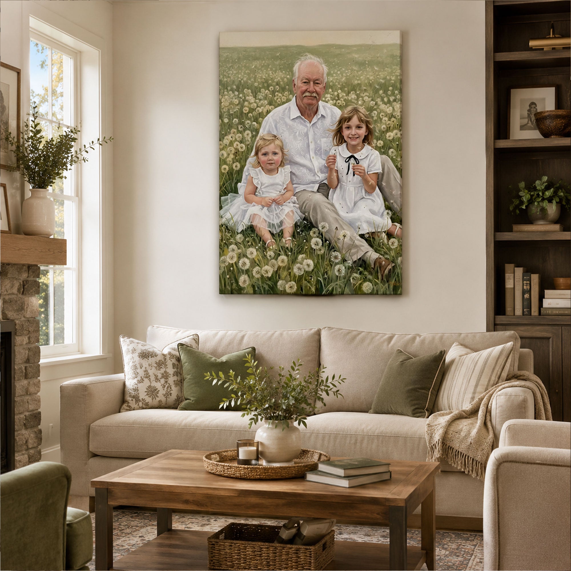 Personalized Fields Of Fluff Grandpa And Grandchildren Canvas Print, Custom Cozy Family Portrait Wall Art, Father’s Day Gift For Grandpa