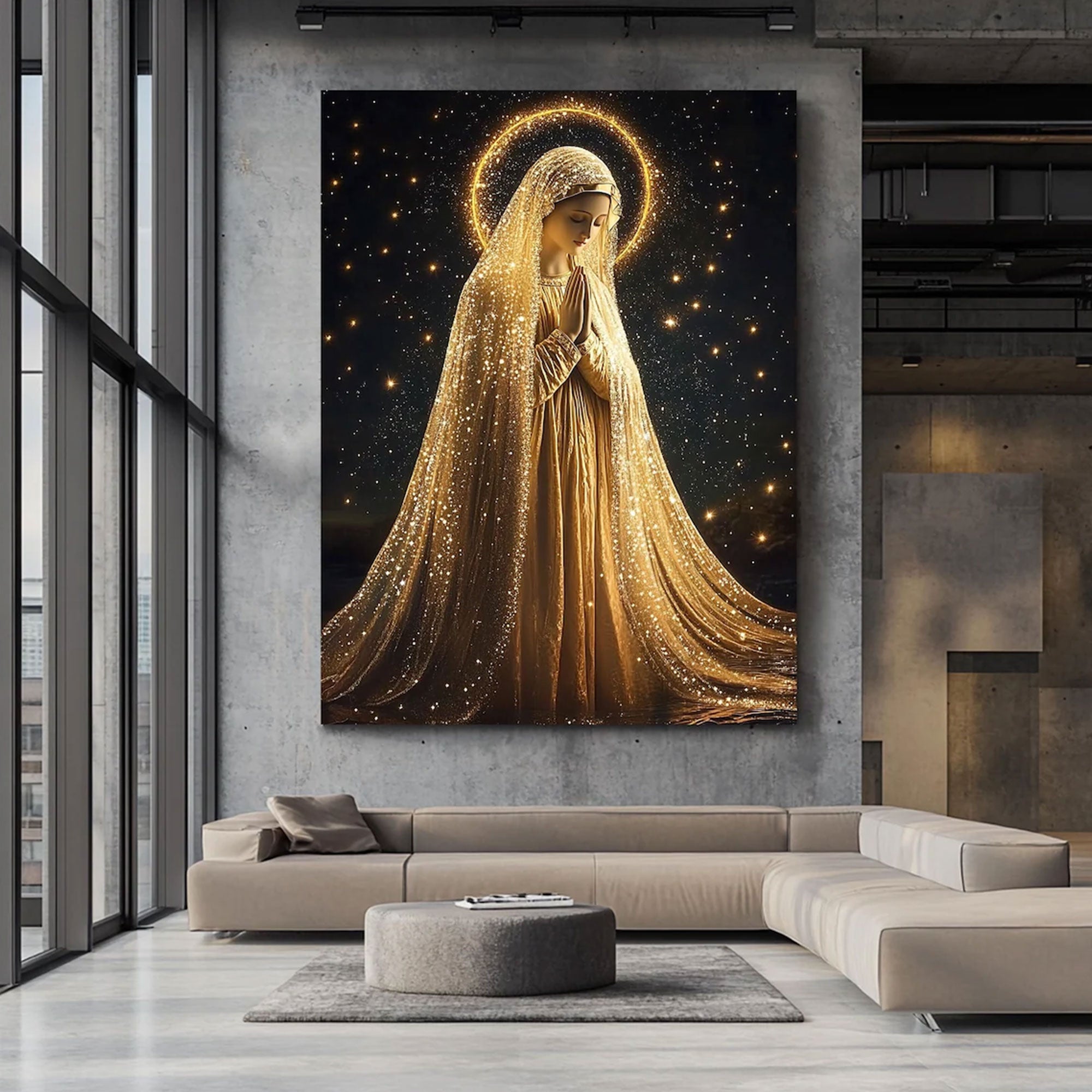 Golden Virgin Mary Canvas Print, Radiant Madonna Wall Art, Catholic Religious Decor, Blessed Mother Faith Artwork