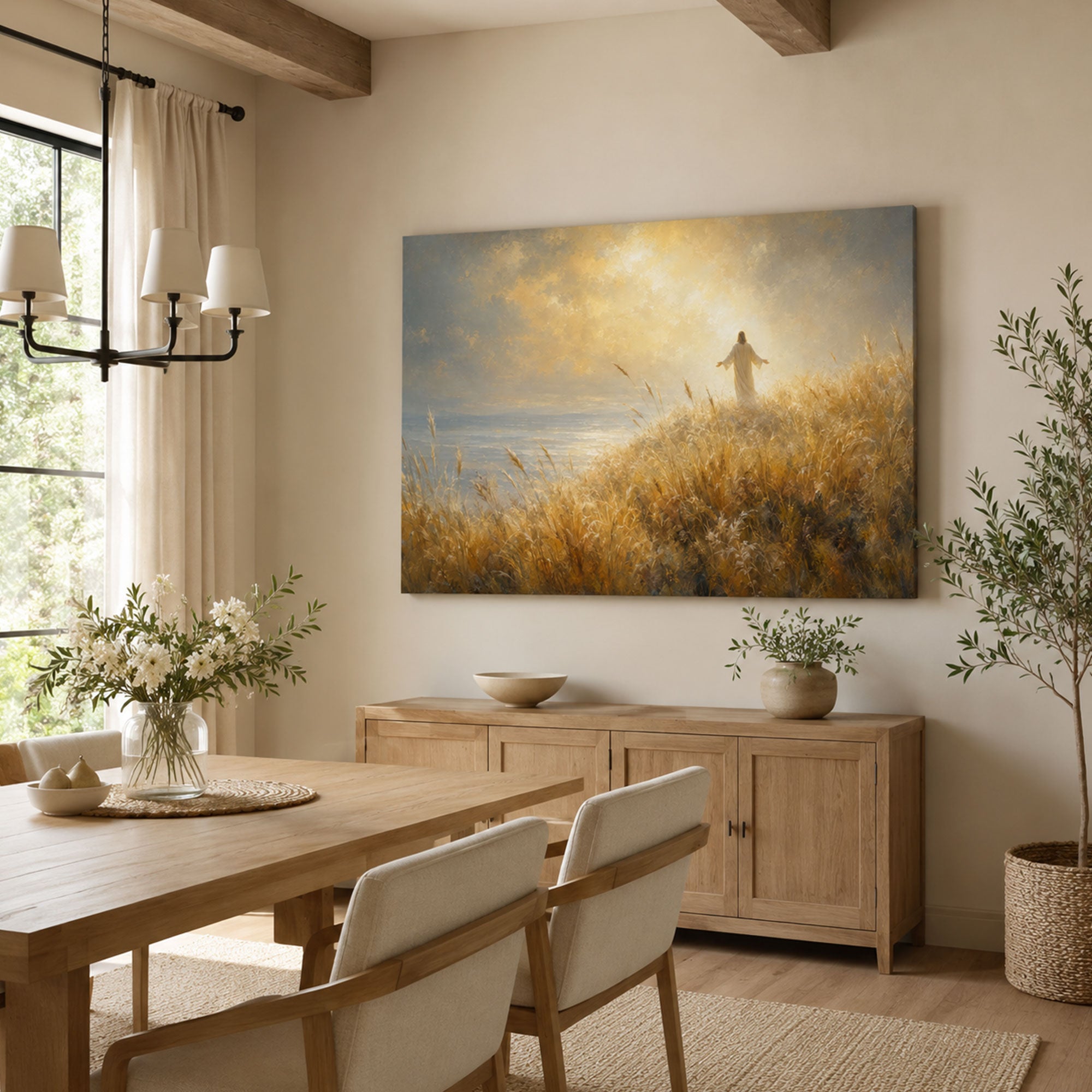 Jesus Walking Through Golden Meadow Canvas Print, Christian Light of Christ Wall Art, Peaceful Faith Home Decor Gift