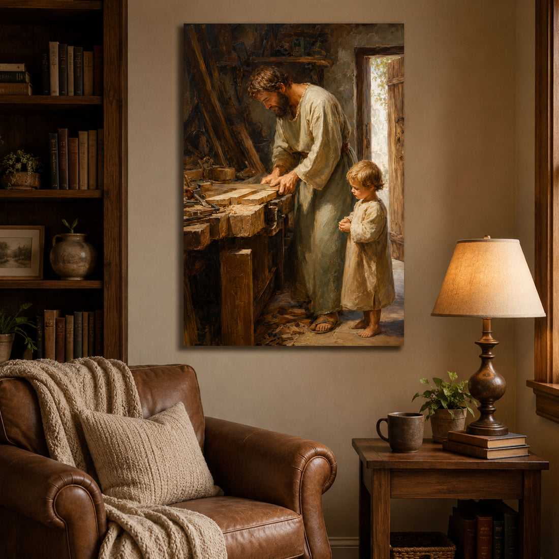 St. Joseph the Carpenter with Child Jesus Canvas Print, Catholic Wall Art, Rustic Faith Home Decor