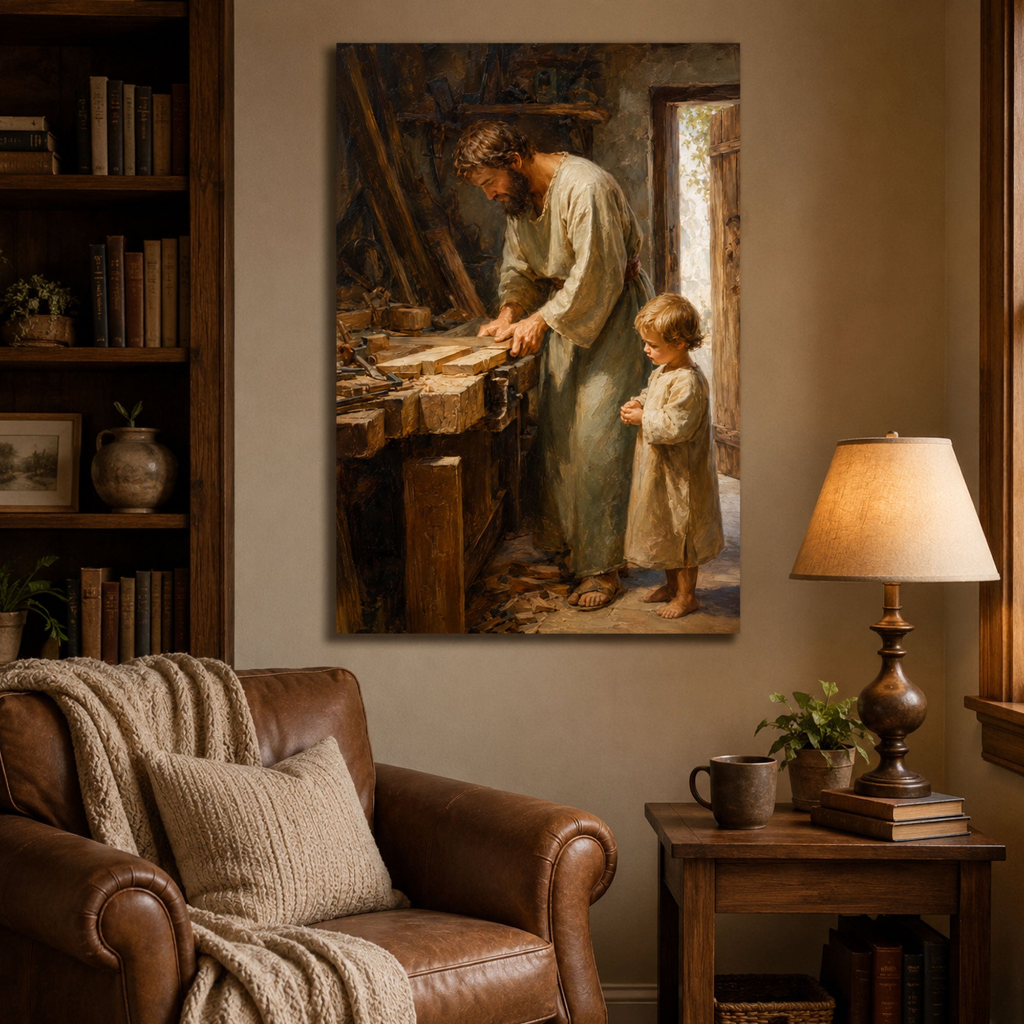 St. Joseph the Carpenter with Child Jesus Canvas Print, Catholic Wall Art, Rustic Faith Home Decor