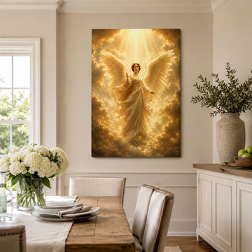 Heavenly Angel Canvas Print, Golden Light Christian Wall Art, Celestial Faith Home Decor Gift