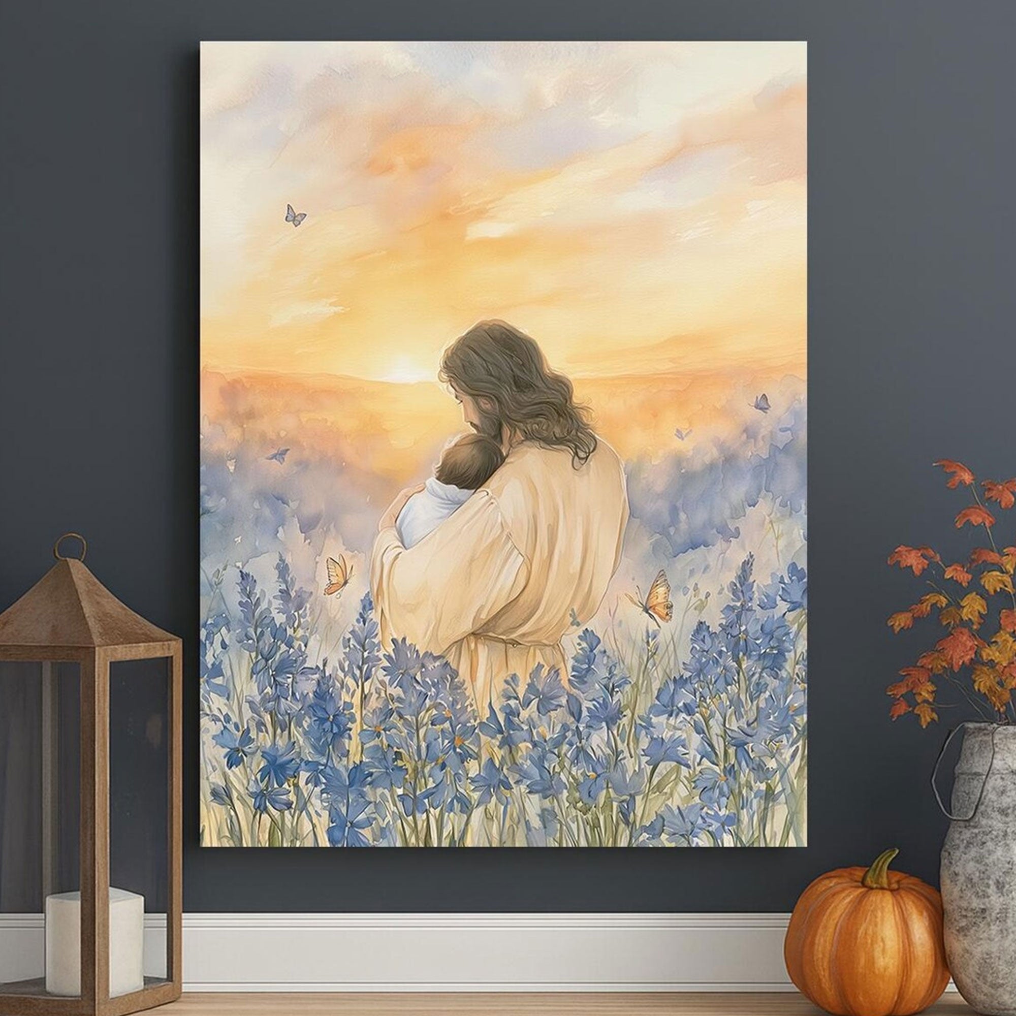 Jesus Holding Baby Among Blue Flowers Canvas, Christian Comfort Wall Art, Peaceful Faith Painting, Gentle Memorial Gift