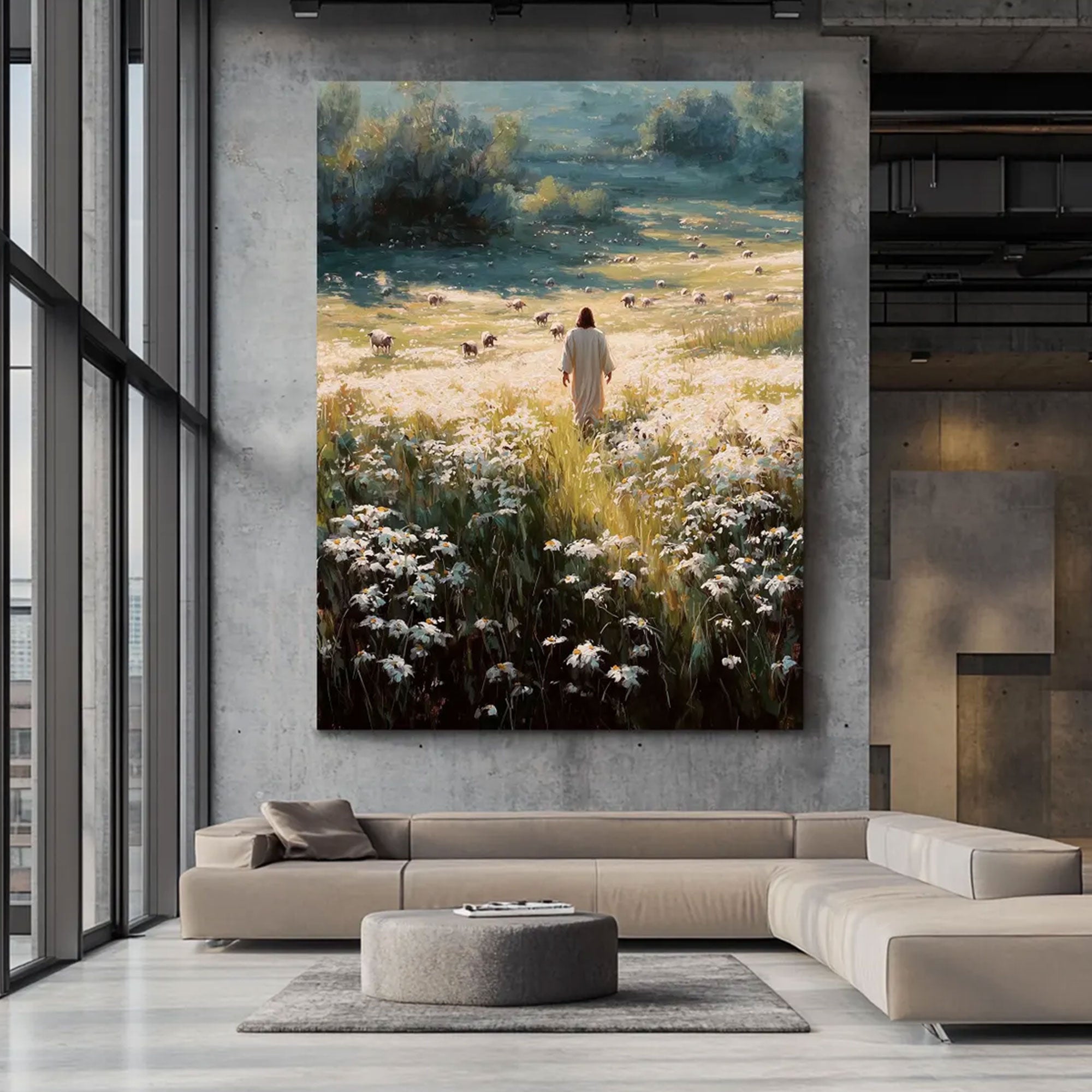 Good Shepherd Jesus Canvas Print, Jesus in Daisy Meadow Wall Art, Christian Faith Home Decor