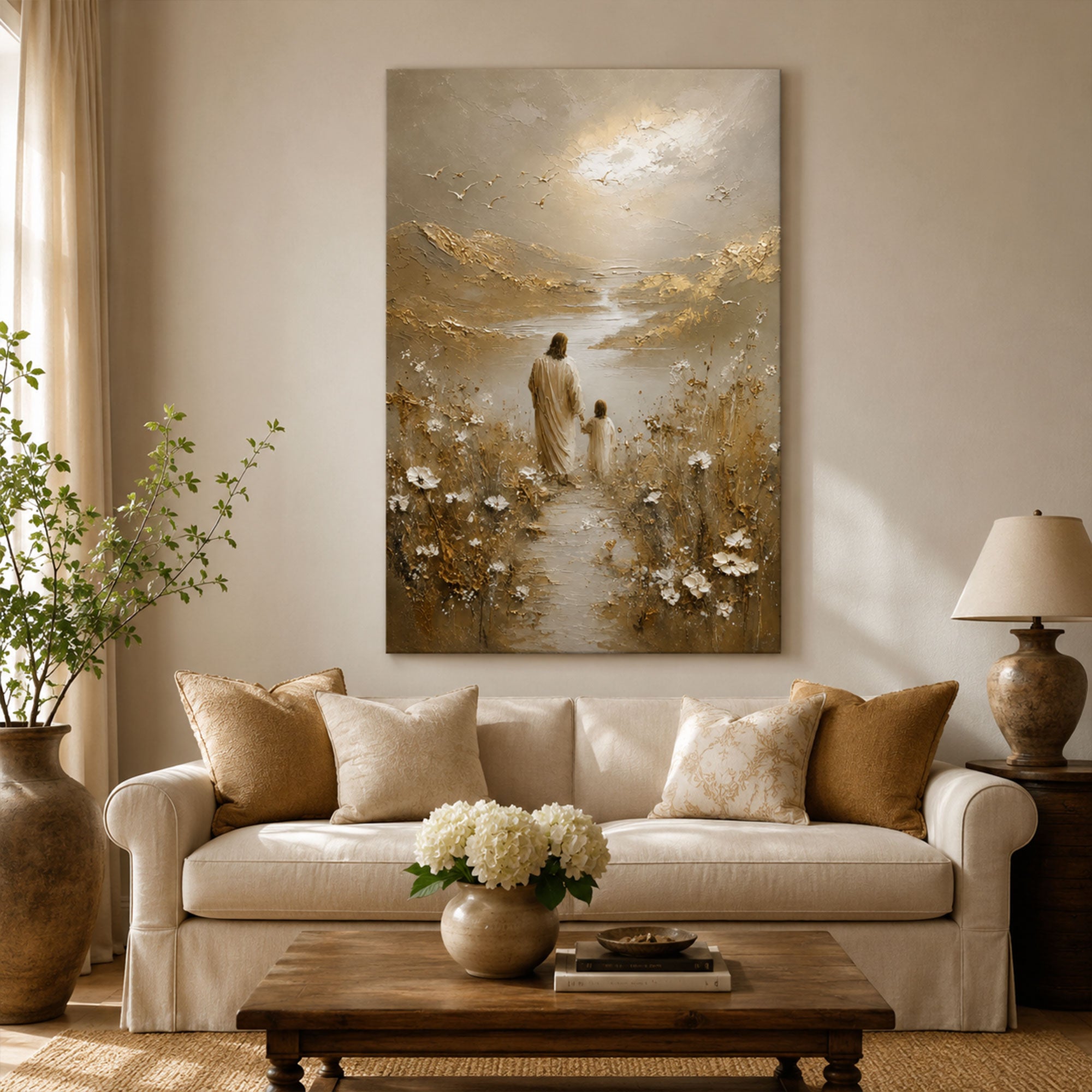 Jesus Walking with Child Canvas Print, Christian Wall Art, Peaceful Faith Home Decor