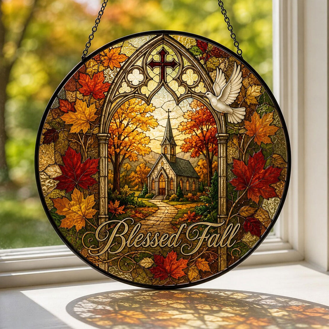 Blessed Fall Church Suncatcher, Autumn Leaves Christian Window Hanging, Faith Home Decor