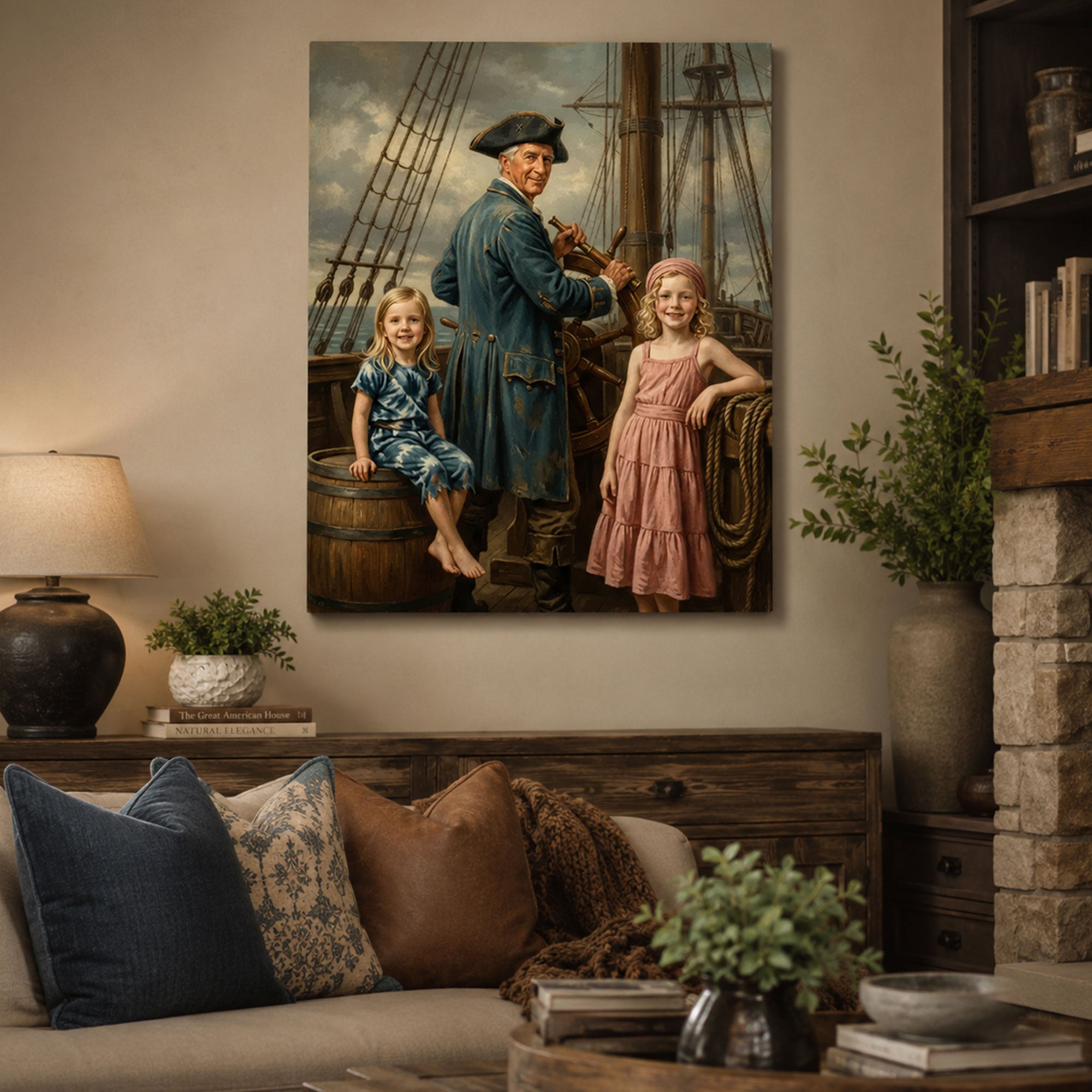 Custom Wild Pirates Grandpa Canvas Print, Personalized Grandfather And Grandkids Pirate Portrait, Adventure Wall Art Gift
