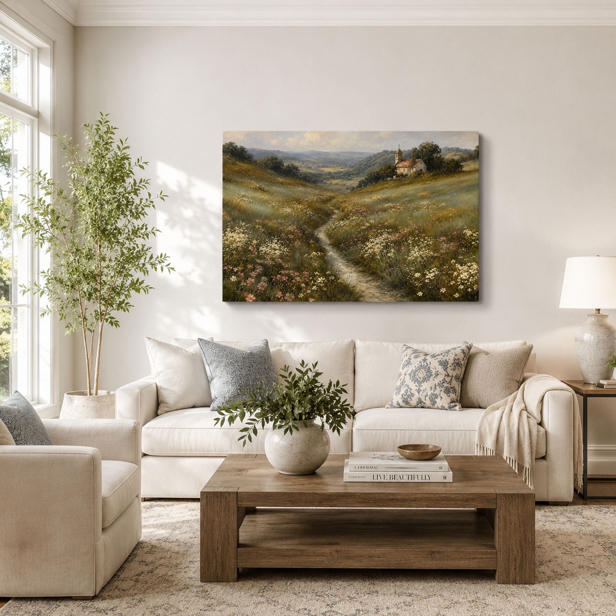 Country Church Landscape Canvas Print, Christian Meadow Path Wall Art, Peaceful Faith Home Decor Gift
