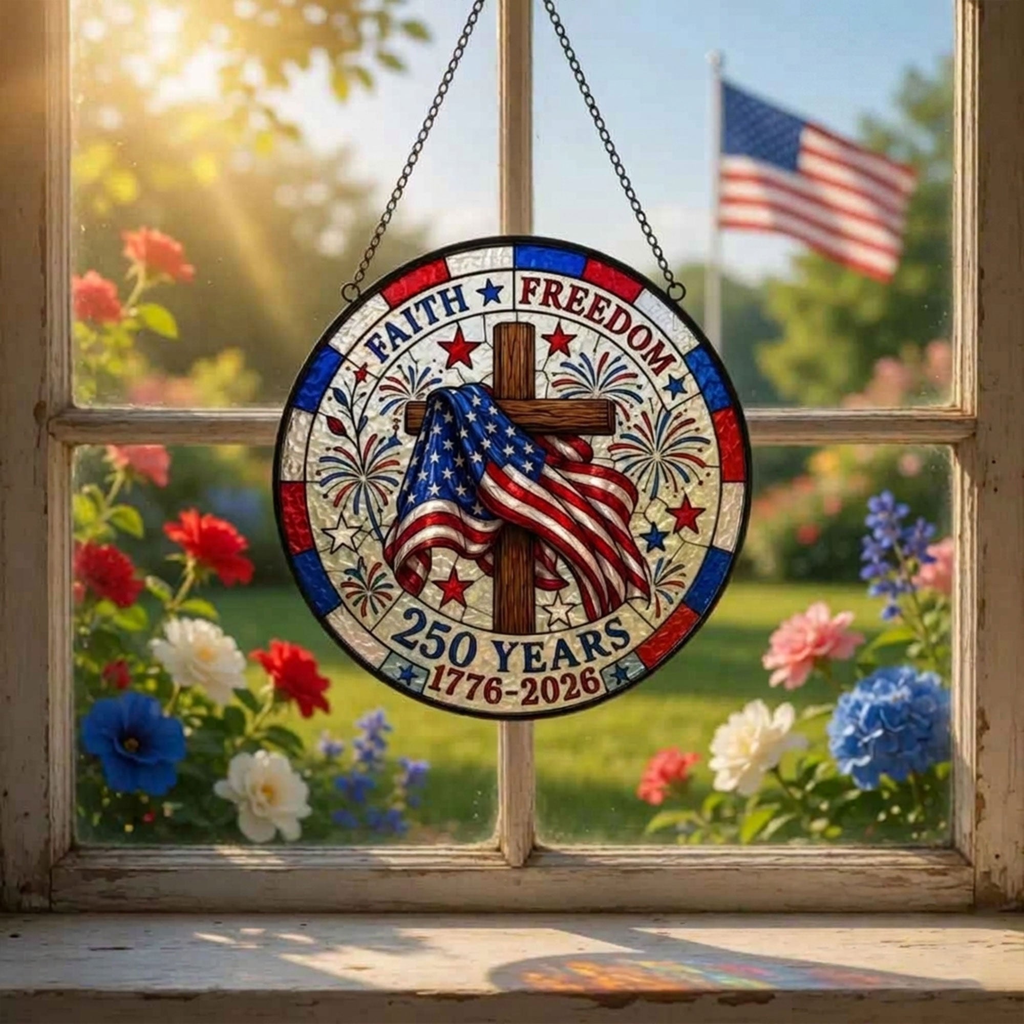 Faith Freedom Stained Glass Suncatcher, American Flag Cross Window Hanging, Christian USA Decor