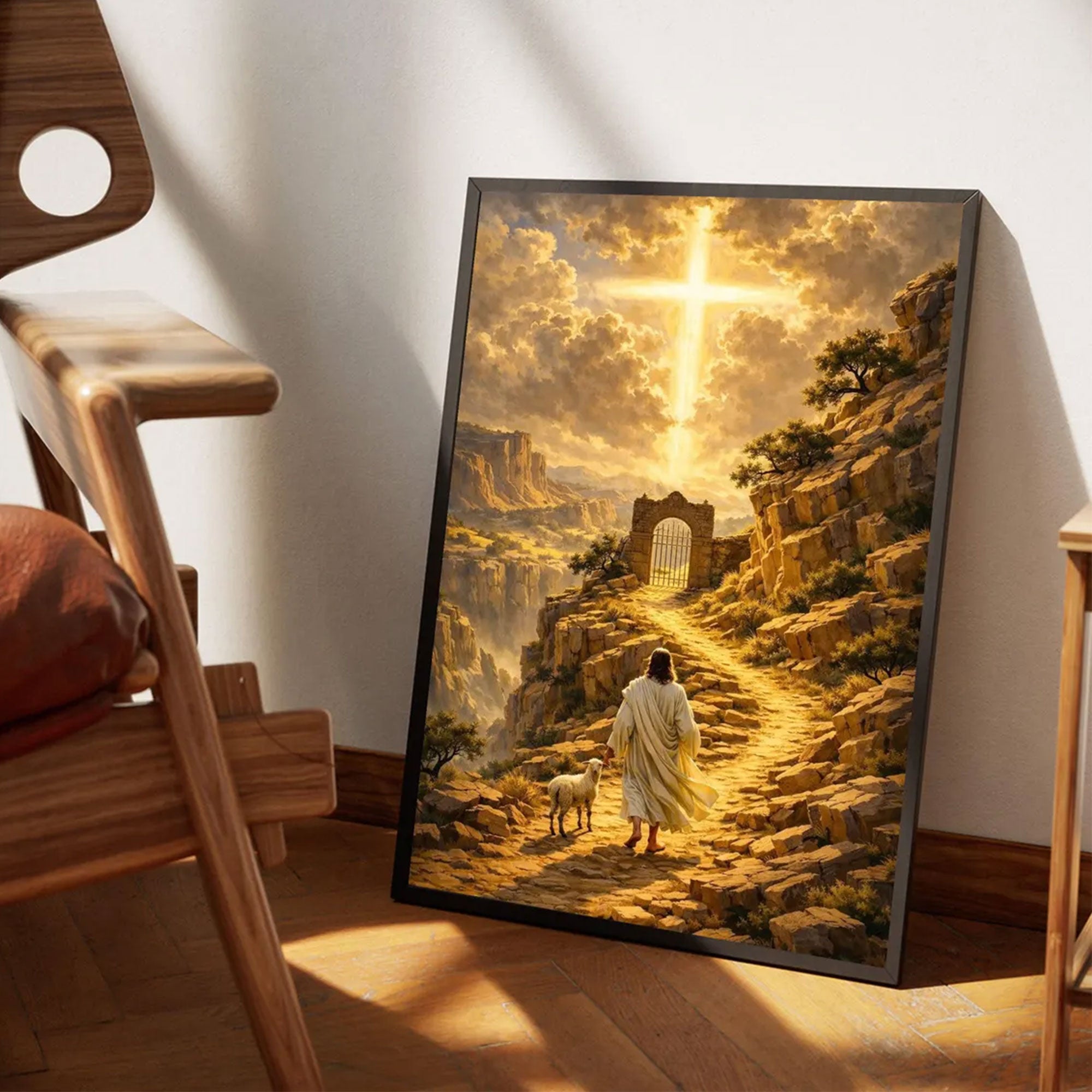 Spiritual Pathway Canvas Print, Jesus with Lamb Wall Art, Glowing Cross Landscape, Christian Religious Decor